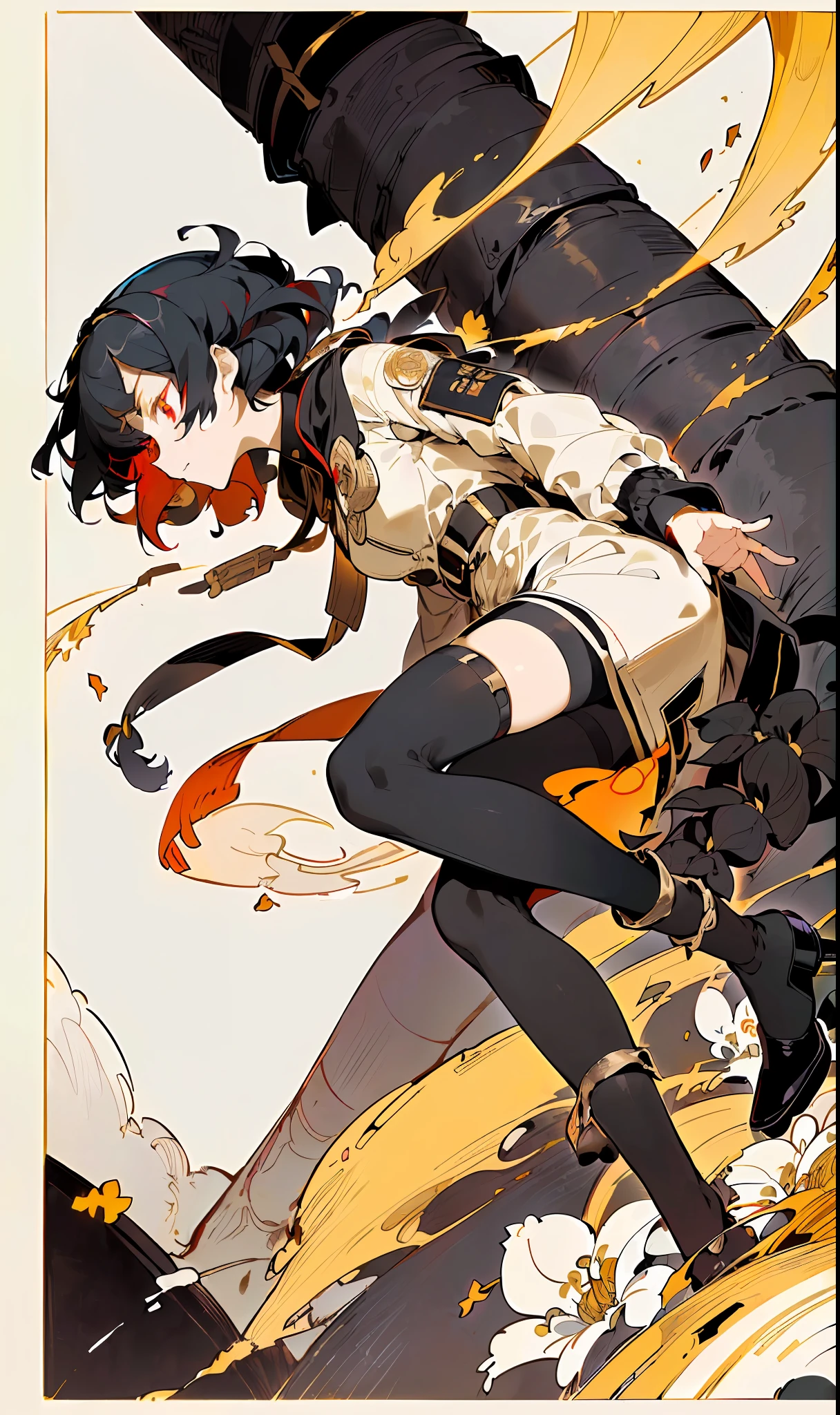 (the phantom:1.4);(bomber planes:1.3);(Black stockings:1.6);(the golden ratio:1.4);(Colorful cocktail dress:1.0)+(Loose-fitting sleeved jacket:1.2)+(Fluttering colored tassels and ribbons:1.3);(Fault color:1.2);(Ink color paper flowers:1.2);(Ether ink flow:1.3);(full bodyesbian:1.2);(Dangling:1.1);(full bodyesbian:1.2);(Black color hair:1.4);(Red hair accessories:1.3);(Golden eyes:1.7);(greybackground:1.2)