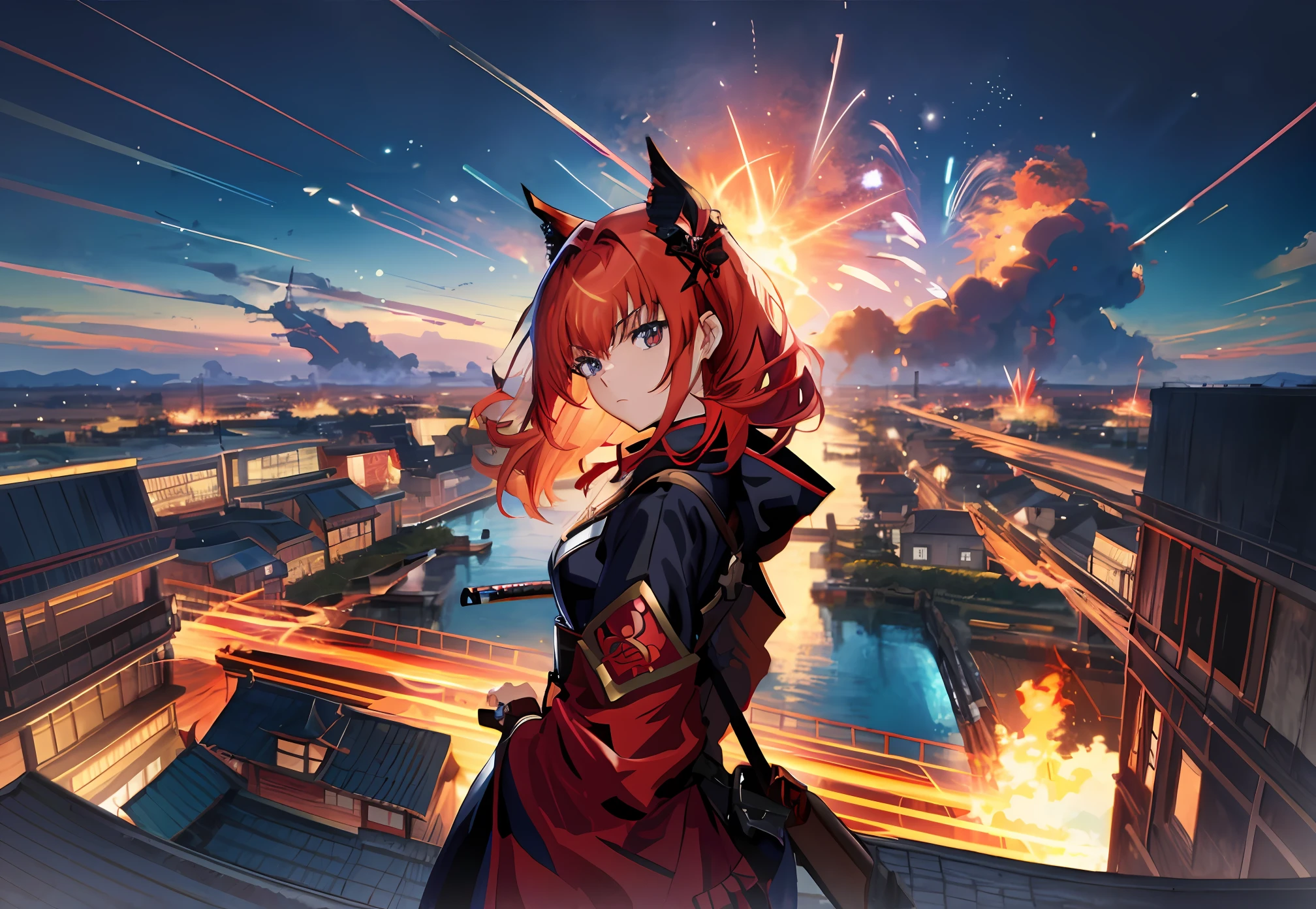 A woman with red hair and a sword stood on the roof, Badass anime 8 K, style of anime4 K, Best anime 4k konachan wallpaper, Ayaka Genshin impact, 4K anime wallpaper, Anime wallpaper 4K, Anime wallpaper 4 k, Anime art wallpaper 4 K, Anime art wallpaper 4k, Anime art wallpaper 8 K, From Arknights