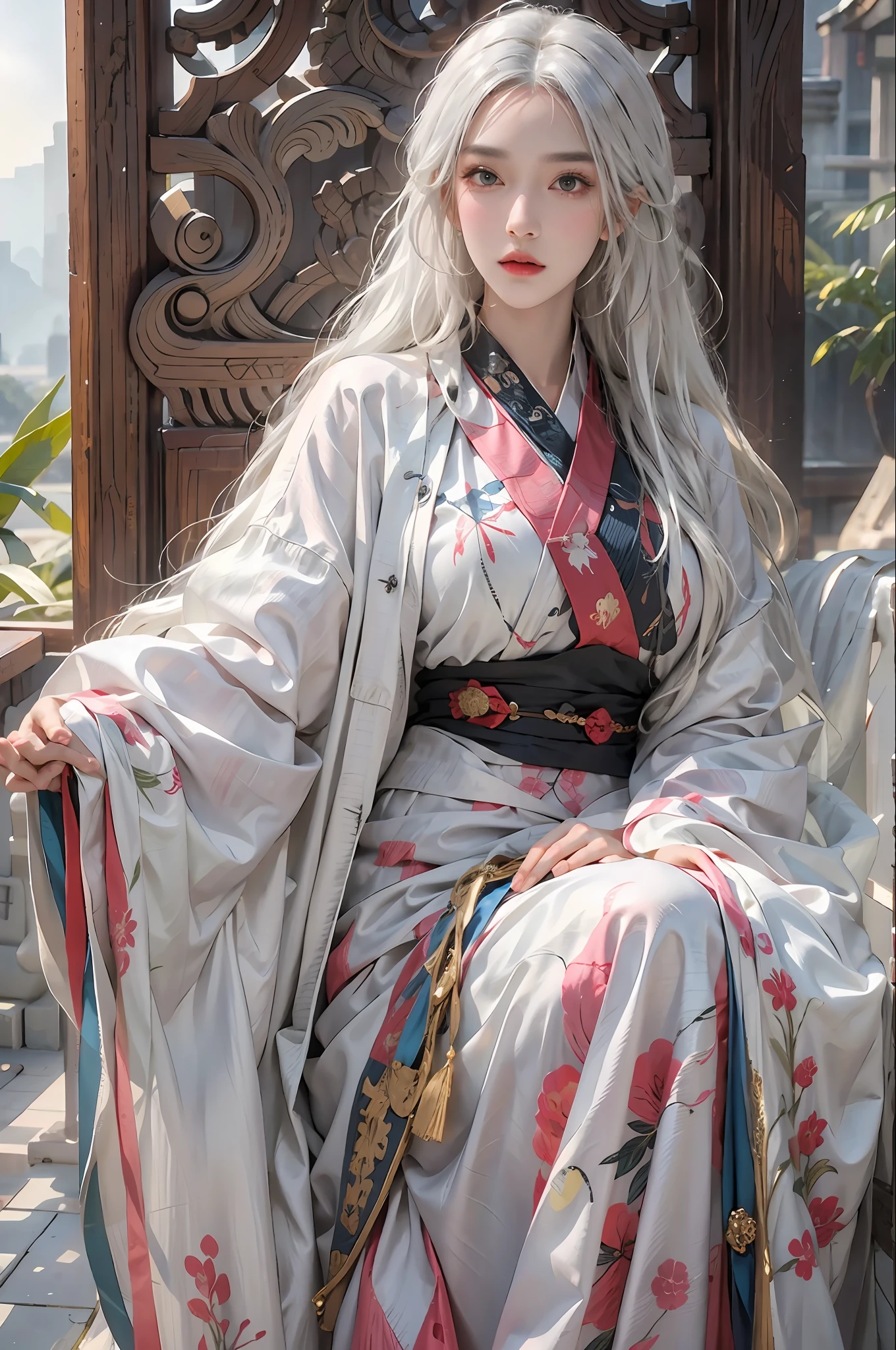 photorealistic, high resolution, 1women, solo, hips up, look at viewer, (detailed face), white hair, long hair, Taoist robe,oversized clothes, midjourney portrait