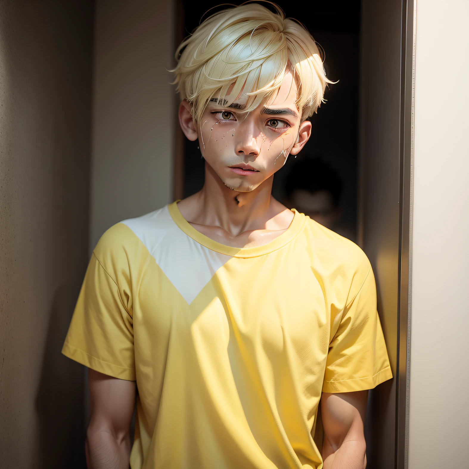 A man，short detailed hair，Yellow-skinned，年轻，In the corner，Secretly shed tears，very sad ，Empty eyes，White T-shirt