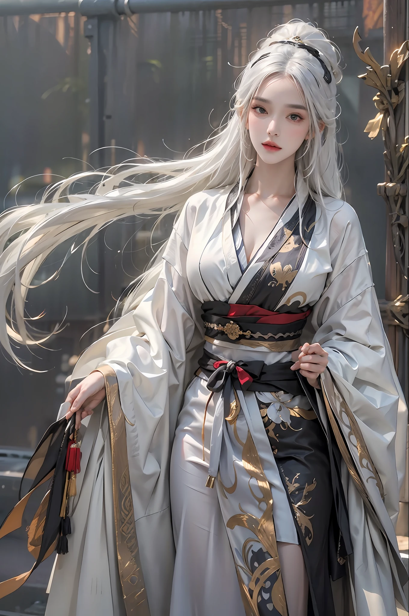 photorealistic, high resolution, 1women, solo, hips up, look at viewer, (detailed face), white hair, long hair, Taoist robe,oversized clothes, midjourney portrait