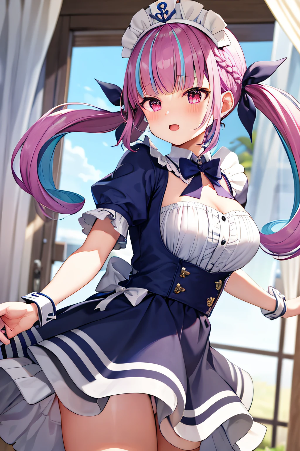 ​masterpiece、top-quality、***1人、Virtual Youtuber、Minato Aqua、long、multi color hair、doress、Twin-tailed、Maid headdress、Color Inner Hair、Purple Eye、Anchor Symbol、blue hairs、bow ribbon、Two-tone hair、shortsleeves、Braids、Blue Dress、Wrist cuffs、bow ribbon、bangss、Drill Hair、Blue Nails、twin drills、Puffy Short Sleeves、Hair Ribbon、Purple hair、Puffy Sleeve、Ahoge、Ankle Cuffs、Dress Ribbon、Maids、frilld、manicure、striated hair、white bow、Cowboy Shots