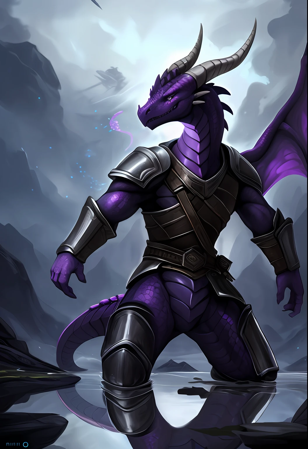 masterpiece, high quality, absurd res, photonoko, male, (dragon), dark purple scales, solo:1.3, lean build, warrior, battlefield, war, magic, spell, anime, leather armor, detailed, reflection, countershading, (motion lines:1.1), portrait, detailed eyes, ink splash