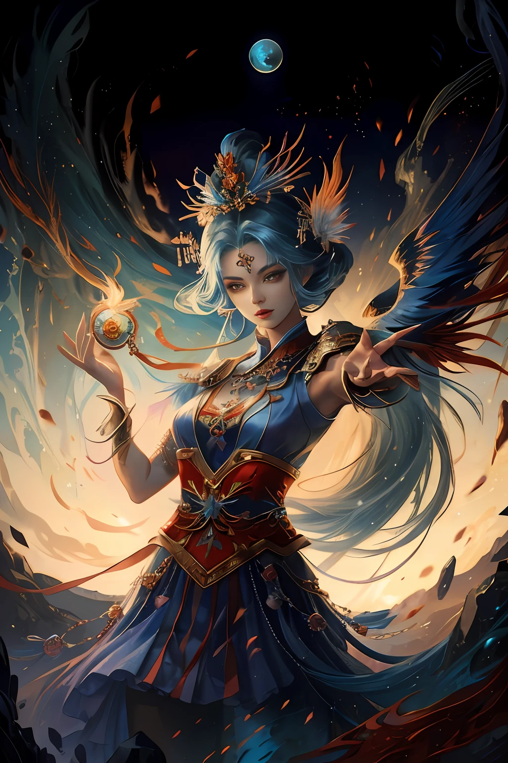 A woman with blue hair and a tattoo of red tights, Extremely detailed Artgerm, (digital fantasy art), IG model, Gorgeous Role Play, devianart and cgsociety, (Red wings)，tiara crown，火焰，Phoenix Nirvana，Reborn from the ashes