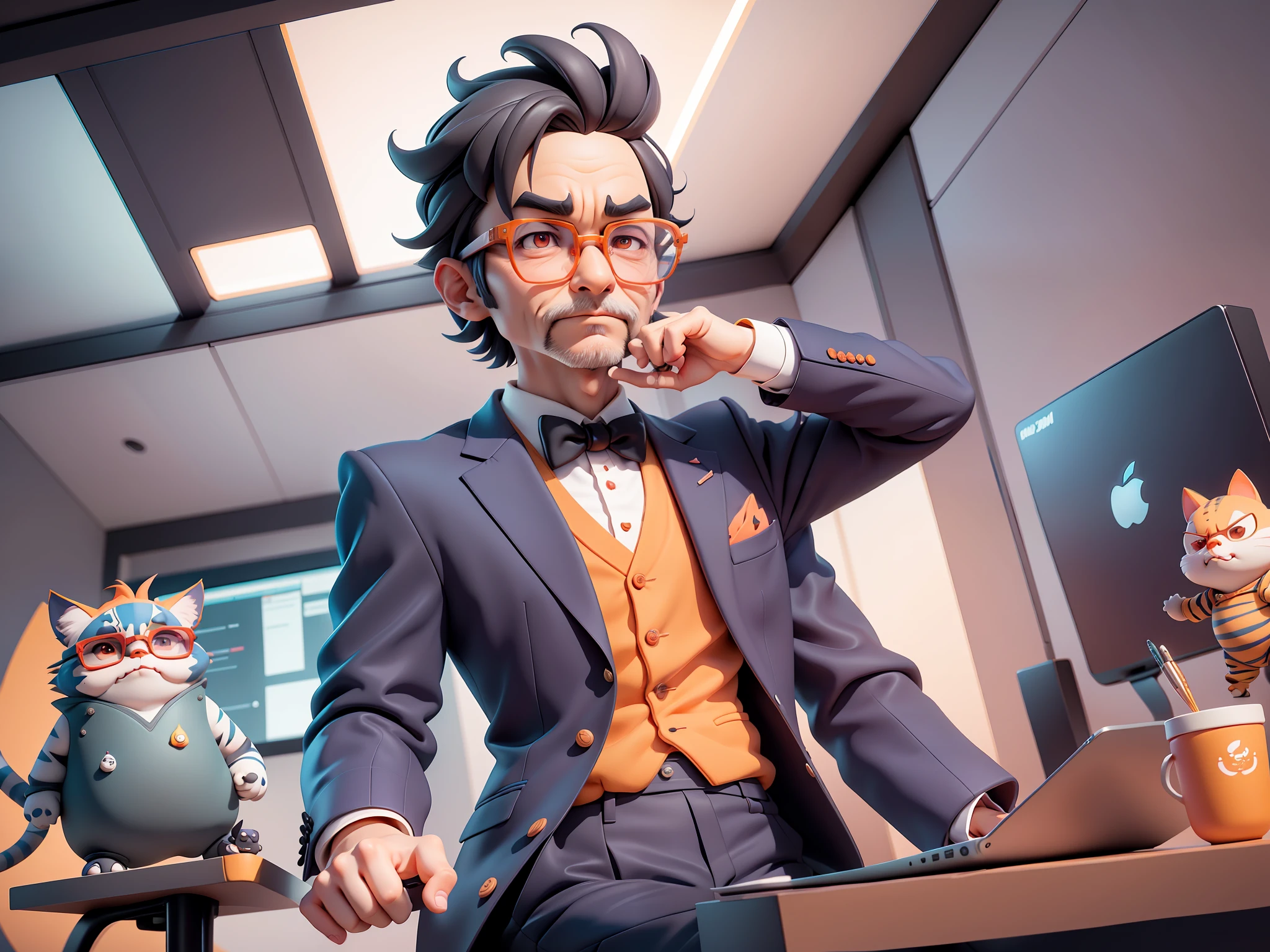 A young man in formal clothes,Short hair and glasses,Sitting at your desk,holding laptop,digitial painting,cartoonish style,4K HD illustration,Very detailed facial features,tigre,Mark Clairdon,by Pixar,3D character design:Hayao Miyazaki and Akira Toriyama, Cartoon-style visuals。
