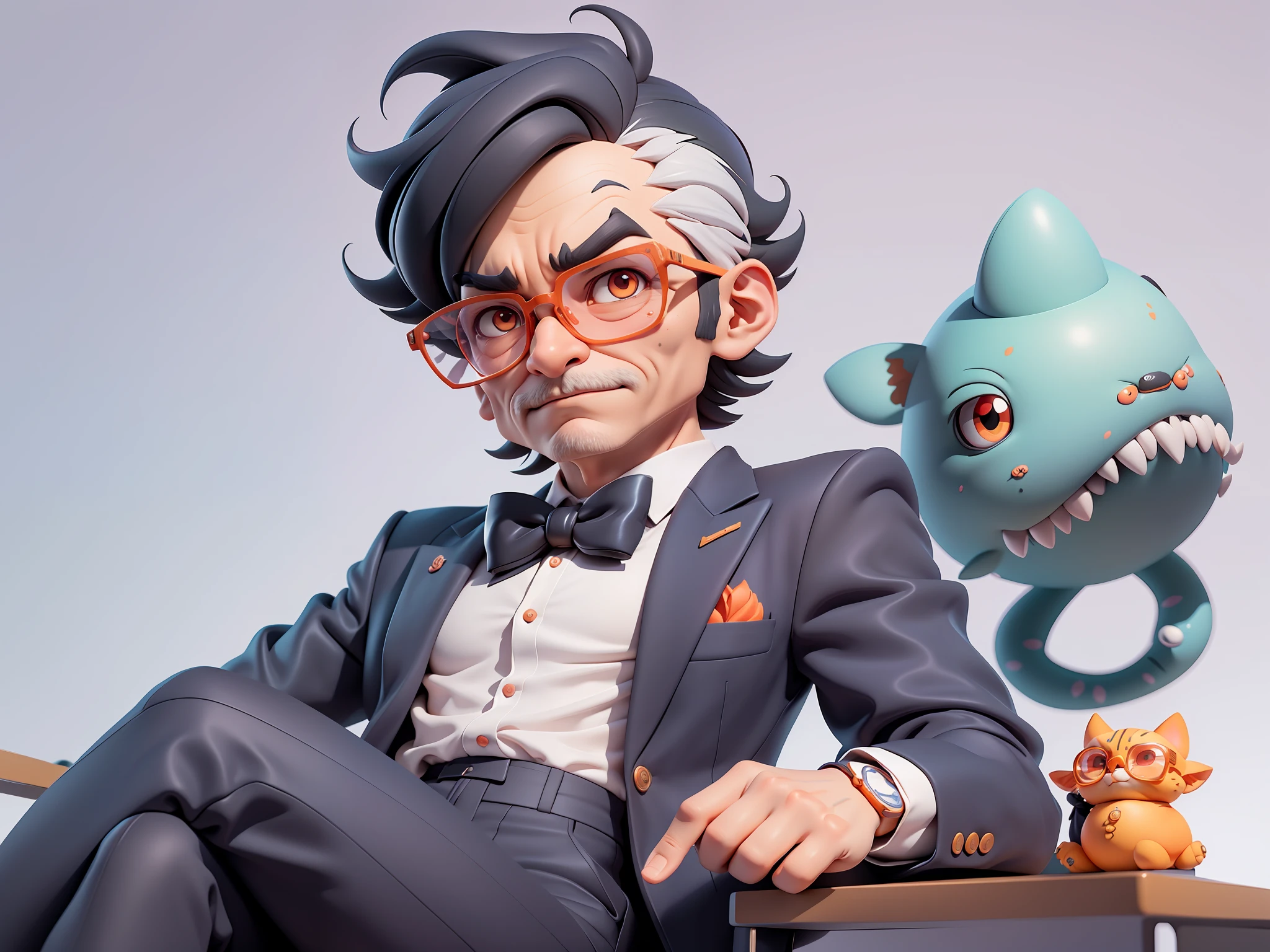 A young man in formal clothes，Short hair and glasses，Sitting at your desk，holding laptop，digitial painting，cartoonish style，4K HD illustration，Very detailed facial features，tigre，Mark Clairdon，by Pixar，3D character design：Hayao Miyazaki and Akira Toriyama, Cartoon-style visuals。