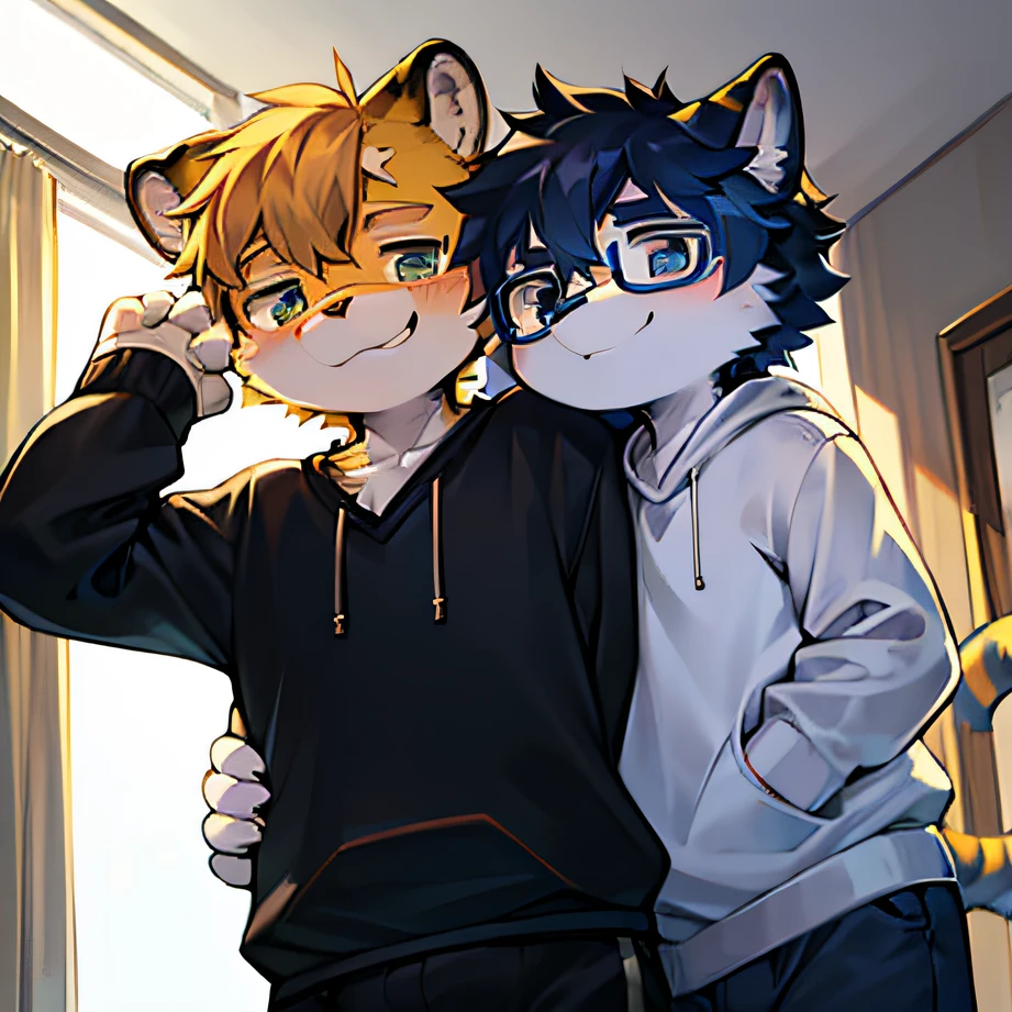 (Bright environment:0.8),eyes with brightness, The upper part of the body, Character focus.(detailedbackground:0.7), adolable,furry men,,The head is on the large side,shaggy male,Sunny and cheerful,Smiling,Wear blue and black glasses,White sweatshirt,tigre,(Long felines,Shota,Normal standing posture)Steady and secure