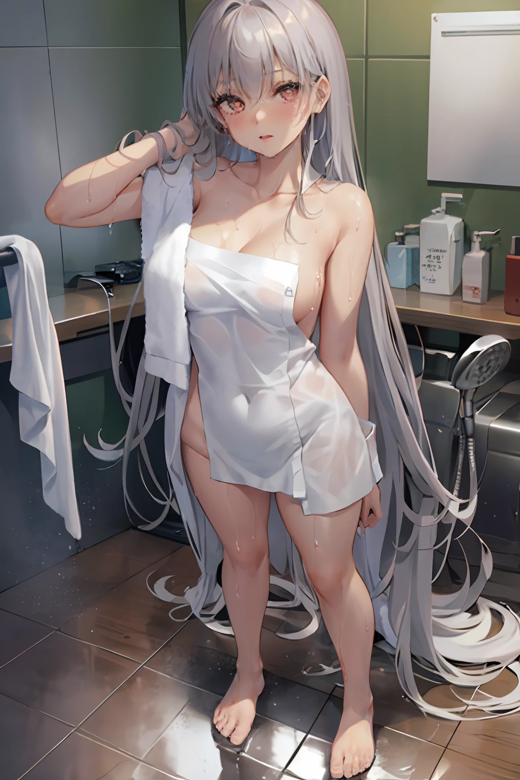 1girl in, 独奏, cowboy shot 、Woman Standing In Shower Room, (Bath towel:1.2),((Full body shot:1.2)),(Wet skin:1.2),(Wet hair:1.2),