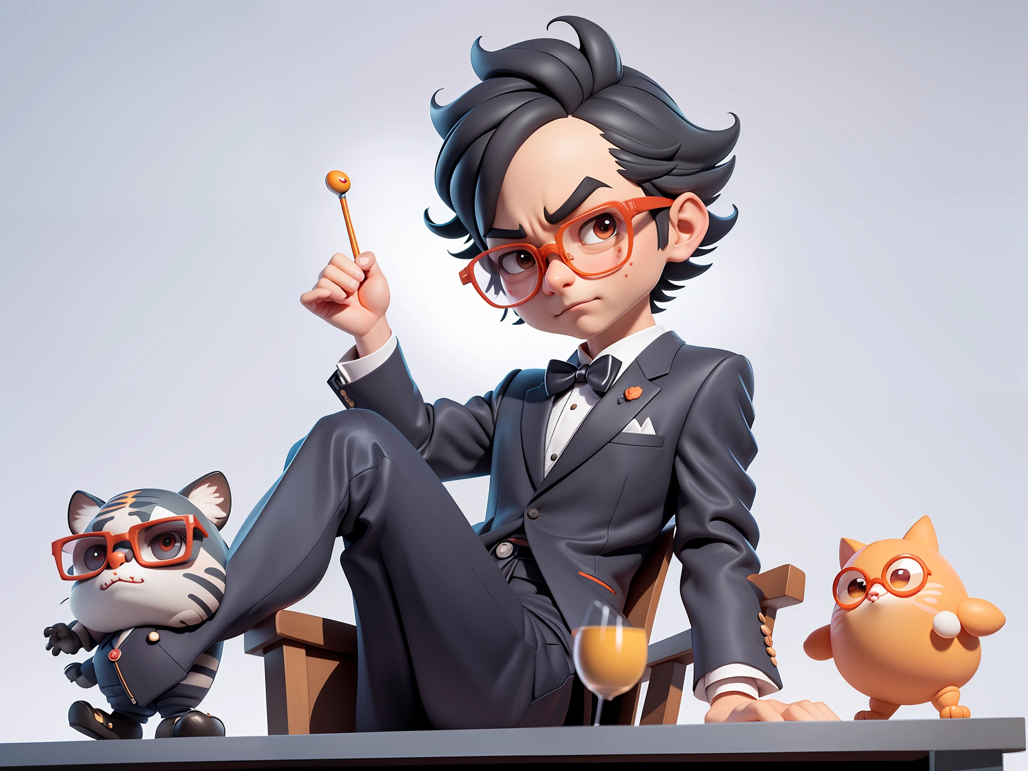 A young man in formal clothes,Short hair and glasses,Sitting at your desk,holding laptop,digitial painting,cartoonish style,4K HD illustration,Very detailed facial features,tigre,Mark Clairdon,by Pixar,3D character design:Hayao Miyazaki and Akira Toriyama, Cartoon-style visuals。