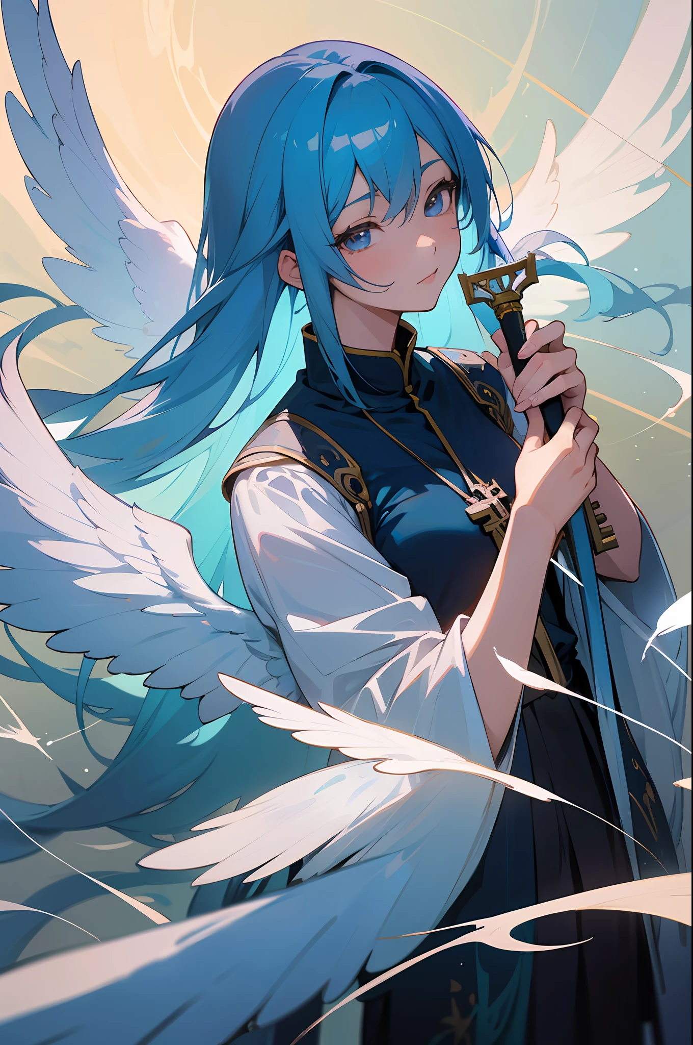 a painting of a woman with blue hair and angel wings, a detailed painting by Yuumei, pixiv contest winner, fantasy art, beautiful anime artwork, detailed anime art, beautiful anime art, detailed digital anime art, detailed key anime art, trending on artstation pixiv, beautiful fantasy anime, detailed anime artwork, clean detailed anime art, digital art on pixiv
