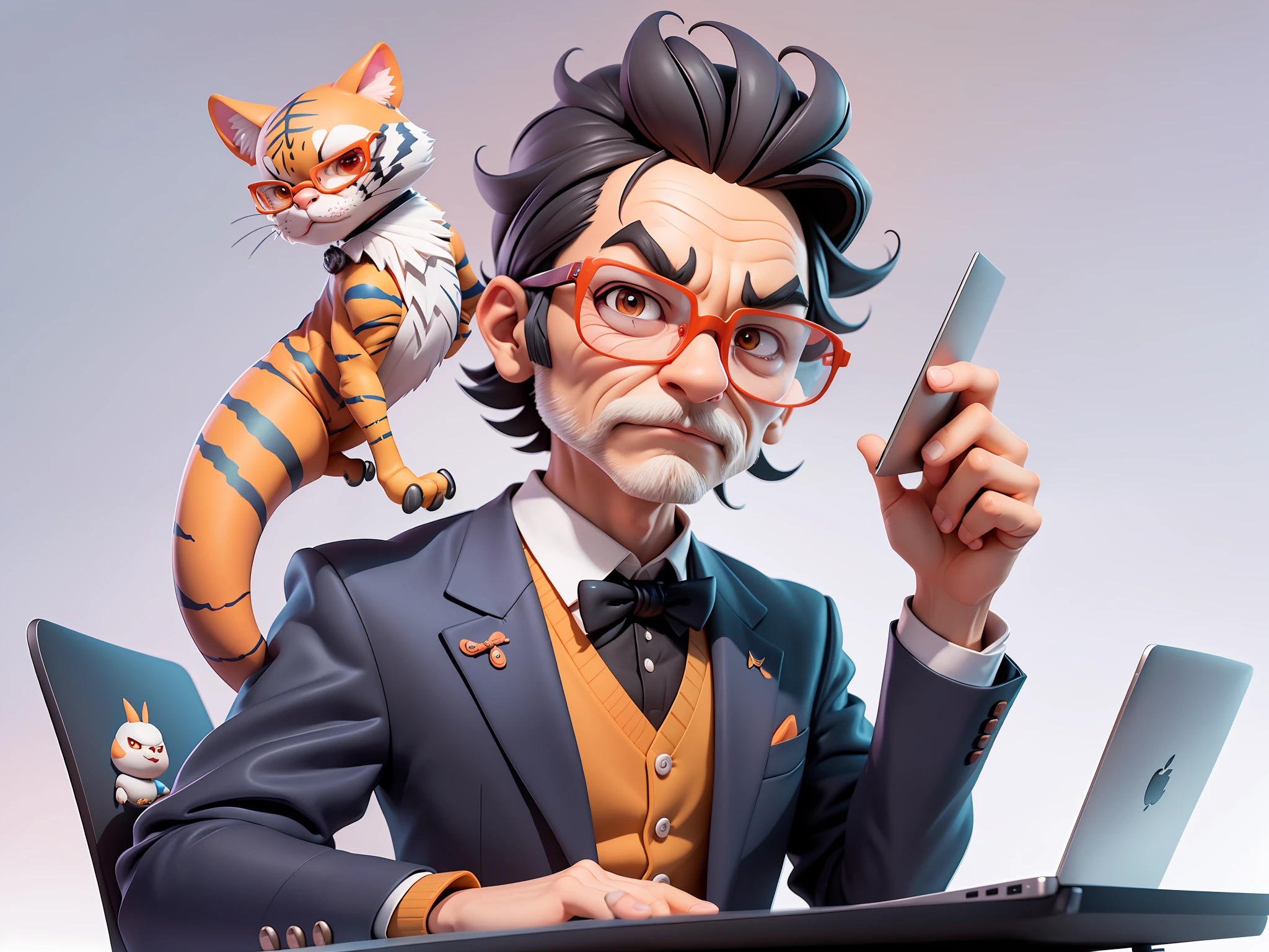 A young man in formal clothes,Short hair and glasses,Sitting at your desk,holding laptop,digitial painting,cartoonish style,4K HD illustration,Very detailed facial features,tigre,Mark Clairdon,by Pixar,3D character design:Hayao Miyazaki and Akira Toriyama, Cartoon-style visuals。