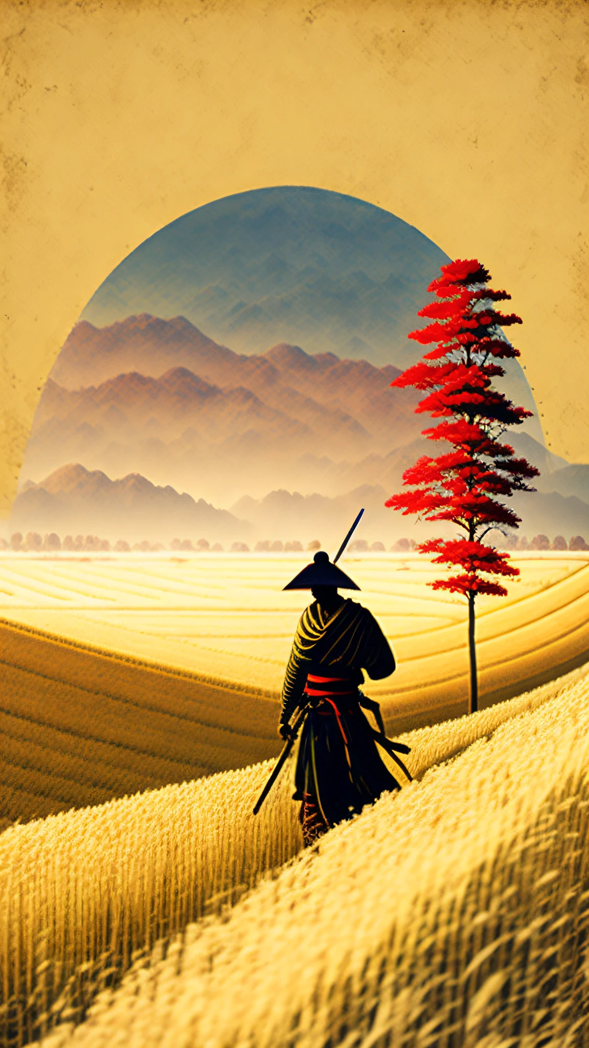 a samurai from feudal Japan in a high-definition wheat field against the light showing only his katana-wielding silhouette