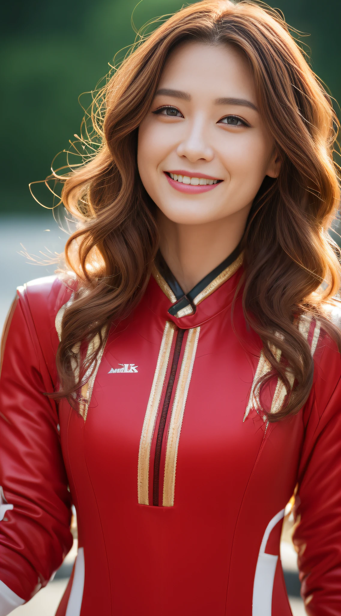 ((top-quality、8K、​masterpiece:1.3))、sharp:1.2、Perfect Body Beauty:1.4、Slim abs:1.2、Big、((Red Racing Suit:1.3))、(circuit:1.2)、Beautiful face、Wavy Hair、Highly detailed facial and skin texture、A detailed eye、二重まぶた、Aspect of looking at the camera、A smile