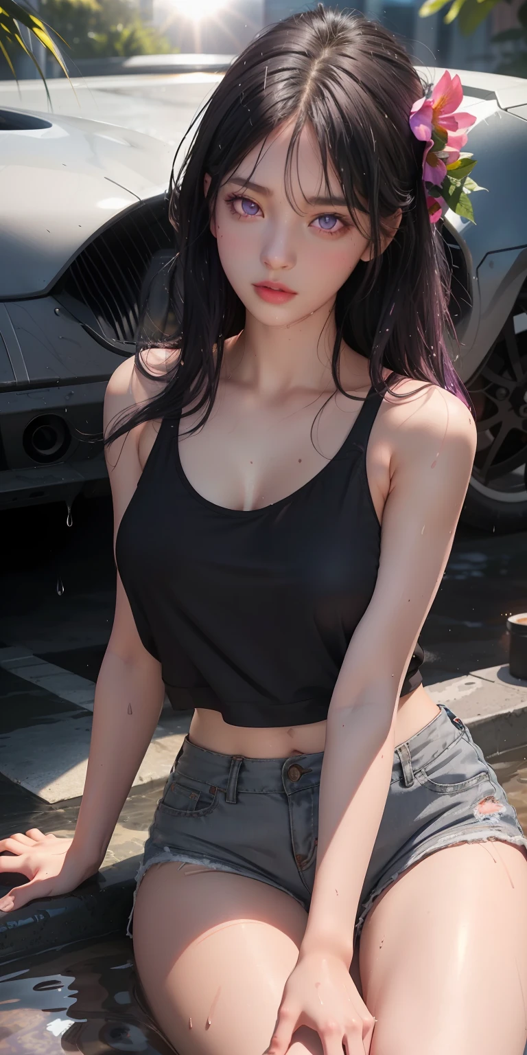 realistic, 1girl, black medium size hair, purple eyes, glowing eyes, gray wet tank top, red  length  20inch length shorts, parted lips, blush, night, flowers, sun, sunlight,wet skin,