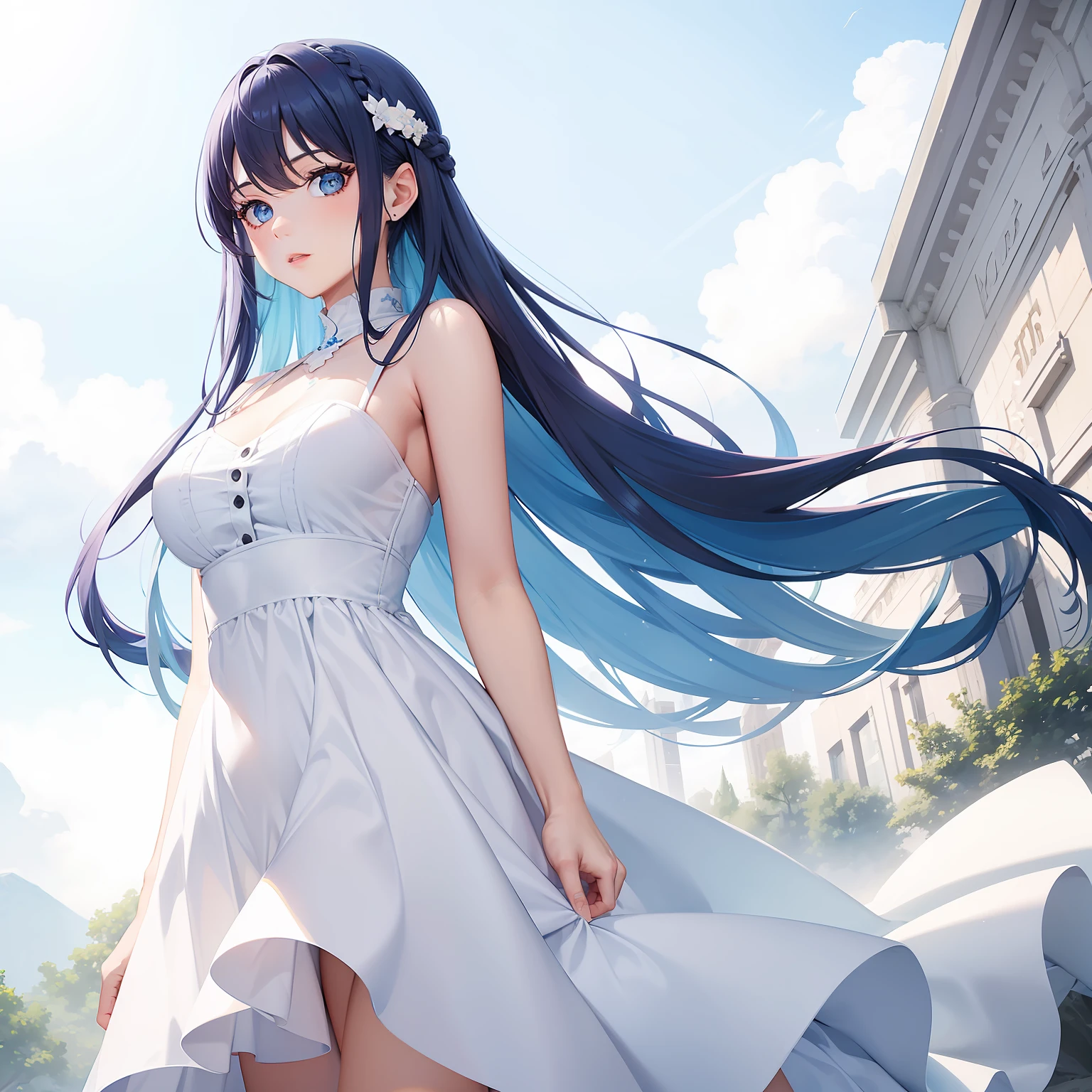 a women, blue hair, blue eyes, white dress