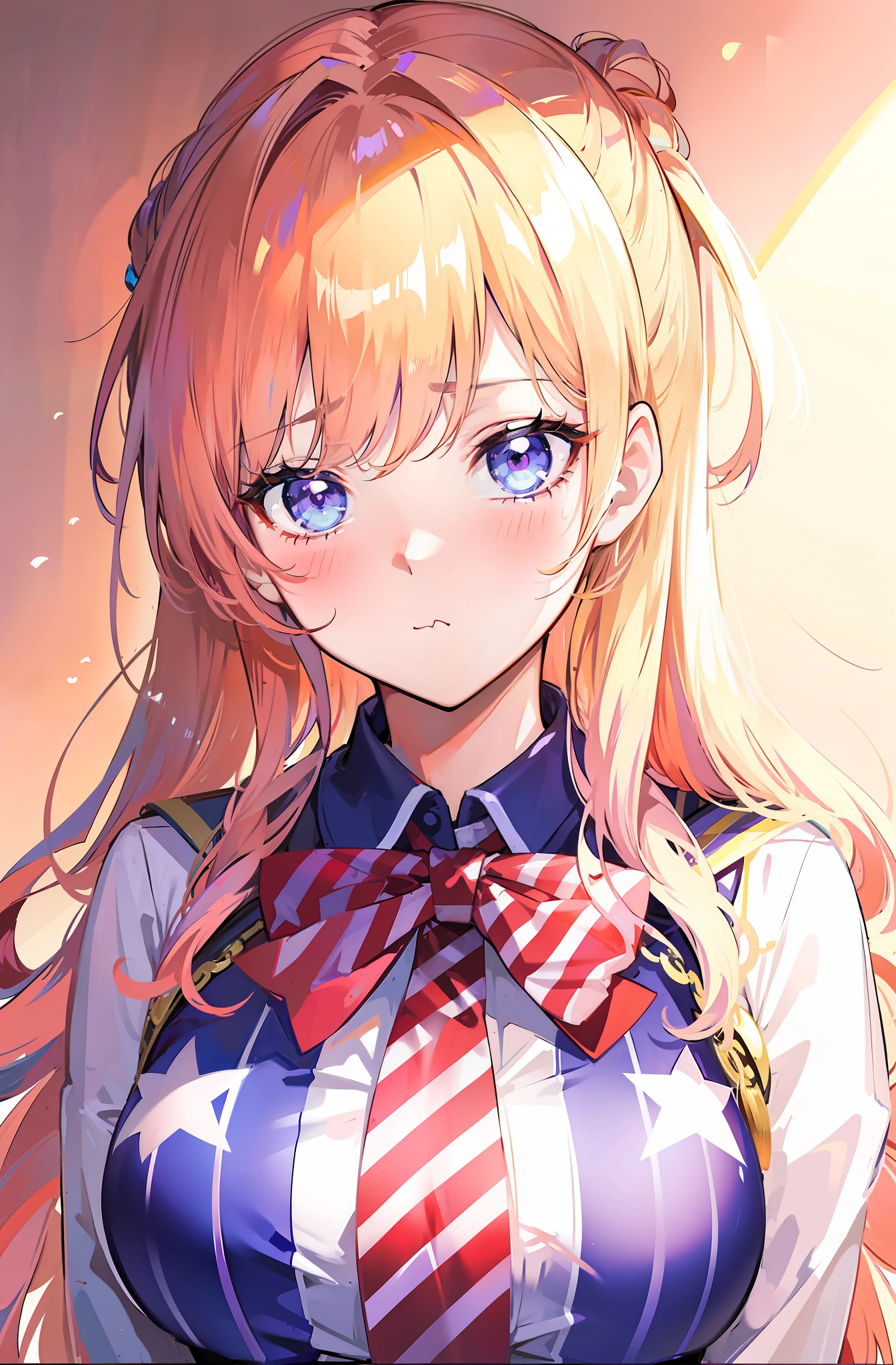 Long twintail purple hair anime girl, pout, big breasts, blue eyes, tight fitted shirt, cute anime girl portrait