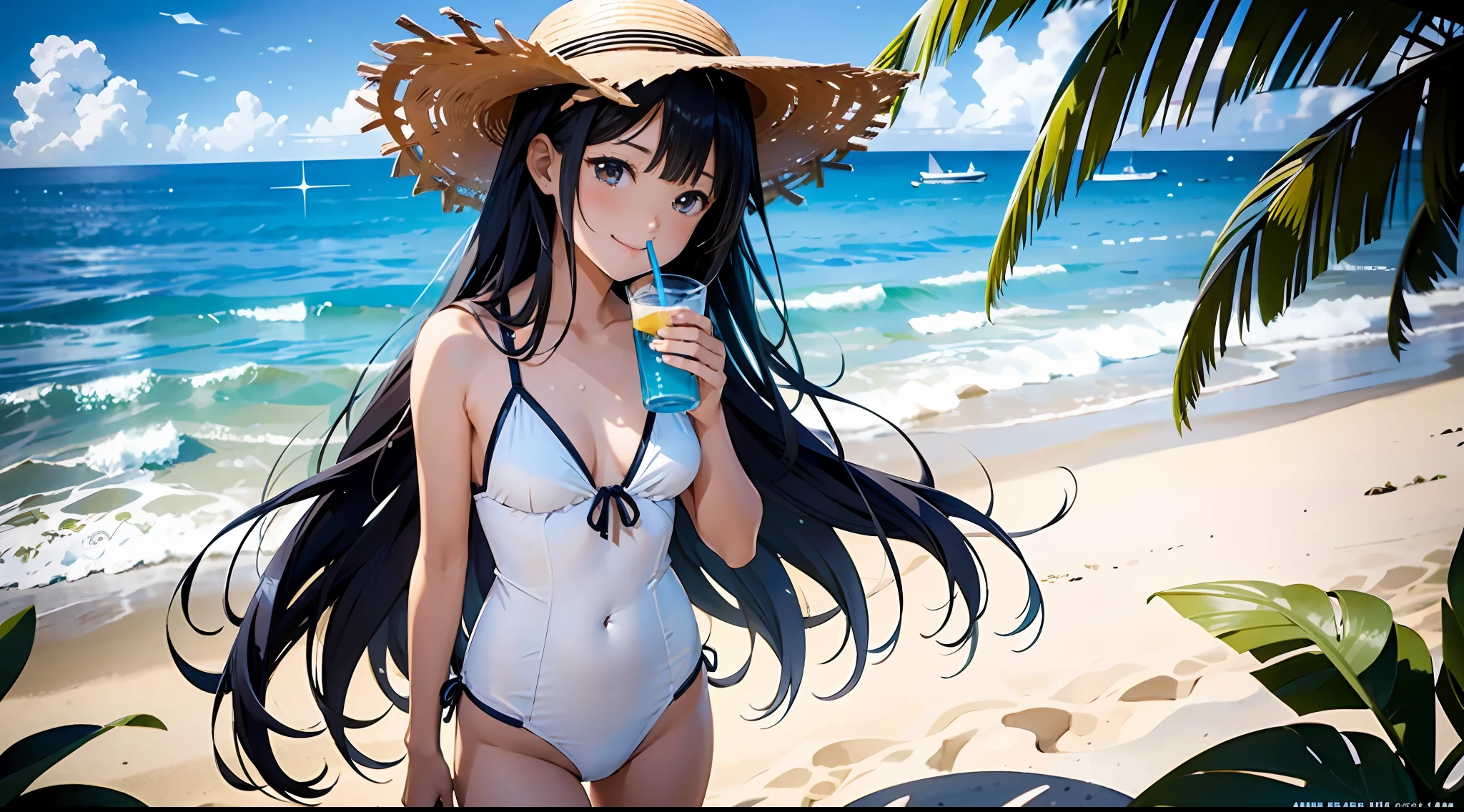 (masterpiece、top-quality)perfect anime illustration、shores(beach)1 girl standing in、Very cute face、A big smile、shiny and long black hair、crystal clear white skin、Both feet are barefoot、Wearing a swimsuit with a lot of exposed skin、Straw hat on the head、He holds a drink in one hand and holds it out to us.、The sun is dazzling、The place is on the edge of the waves by the seaside where you can swim、The time is noon、A refreshing breeze is blowing、There are other sparse people、So that the whole body goes into the illustration