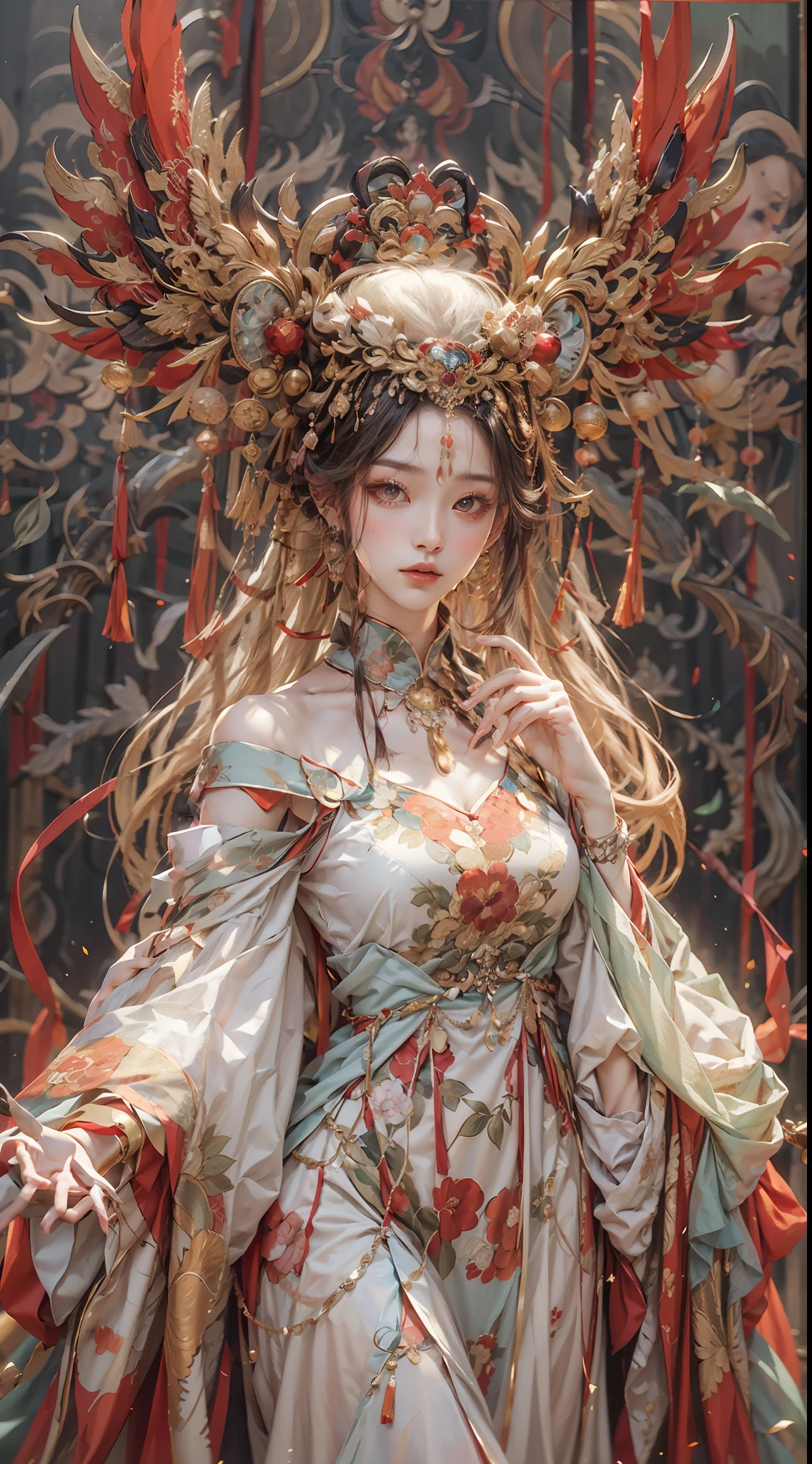 offcial art,Extremely detailed,oil painted,sputtering,1girll,The facial features are delicate and beautiful, non blurry,Red eyeshadow,light make-up,Gorgeous damask and silk accessories,Gorgeous feathers and headdresses,Chinese immortals,Female fairy,The sleeves flutter,The scarf flutters,Light smile,The girl is in the center of the frame,Full of fairy,The is very detailed,Ultra-high sharpness,超高分辨率,8K,Ray traching,lightand shade contrast,Deng Huang mural,realisticlying,3D,Full body photo,