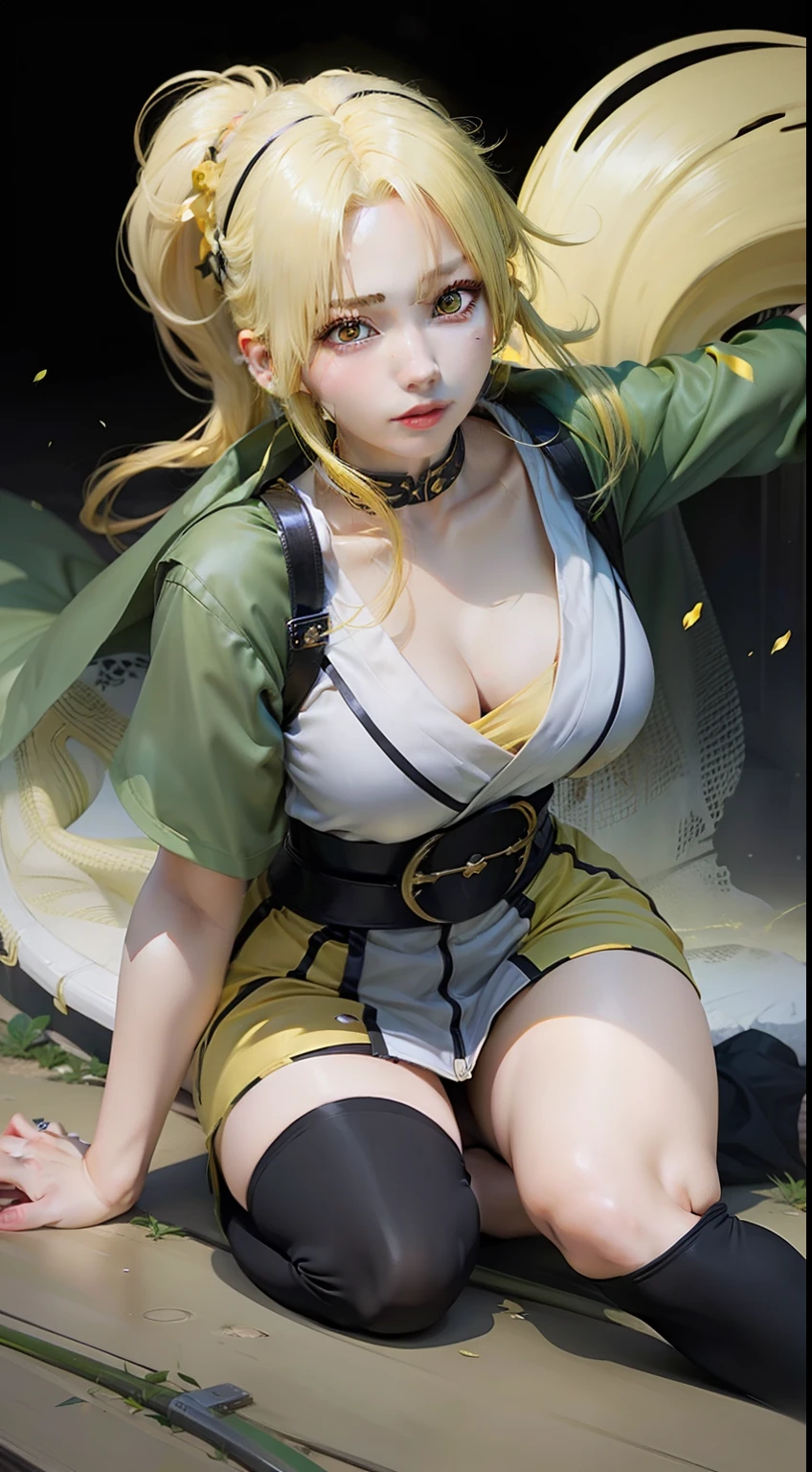 1girl, tsunade, yellow hair, yellow eyes, clothes green, realistic, ultra detail