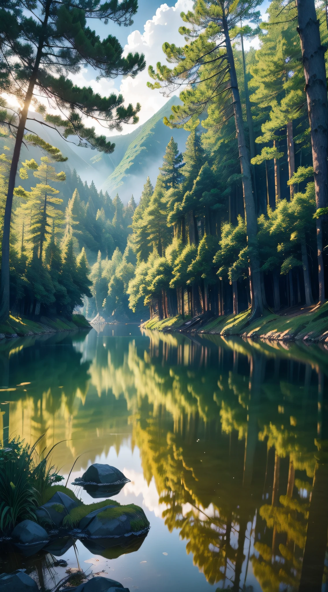 the wallpaper，夏天，lake，zori，ln the forest，Detailed forest，Clouds，tmasterpiece，cinematic ligh，softlighting，depth of fields，Ray traching，reflection in water，hentail realism，Ulla detailed，8k，hdr。