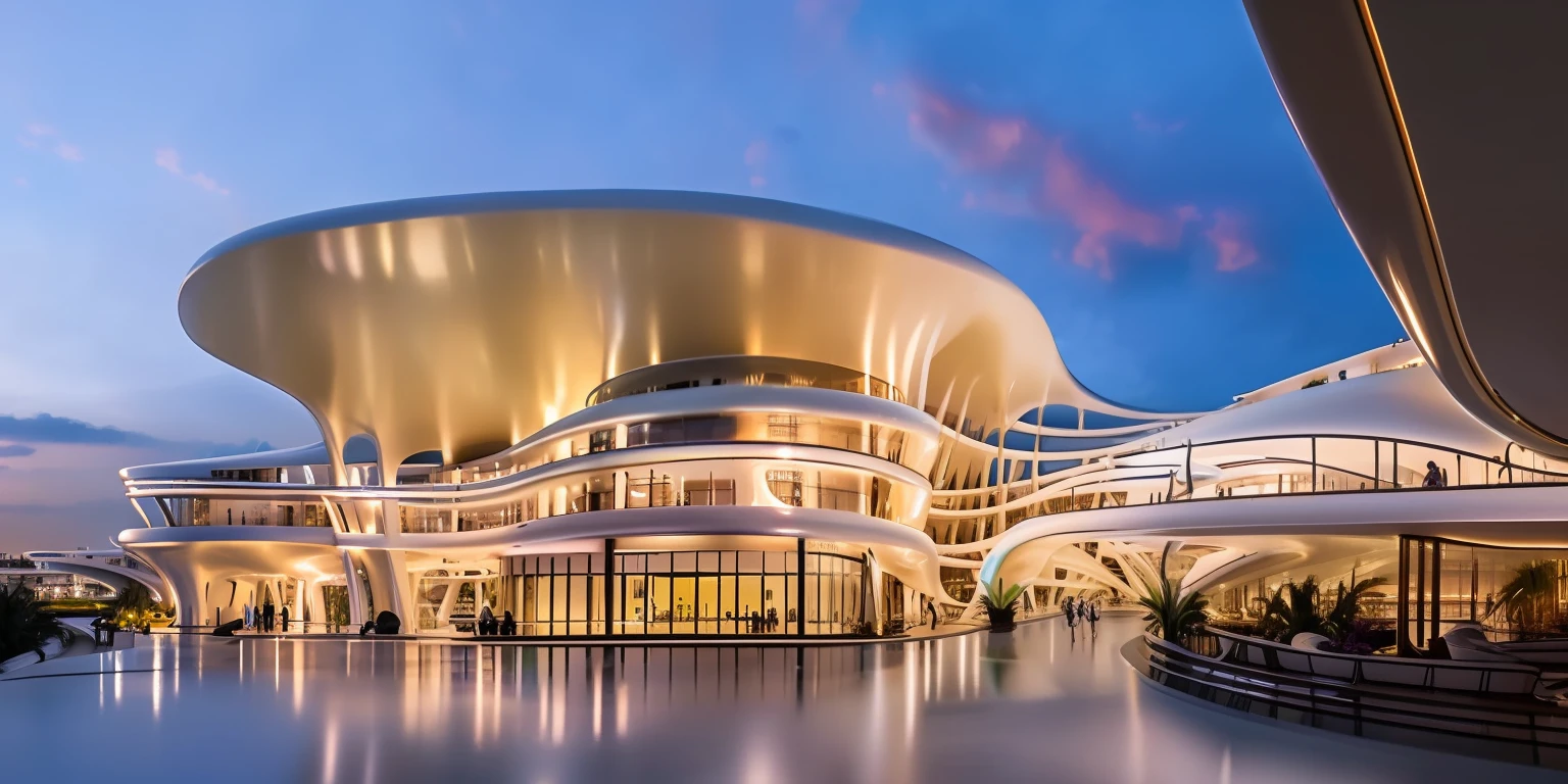 best quality, masterpiece, people, clear sky, sunset or dawn,city center, rain, zaha hadid, curve, flow