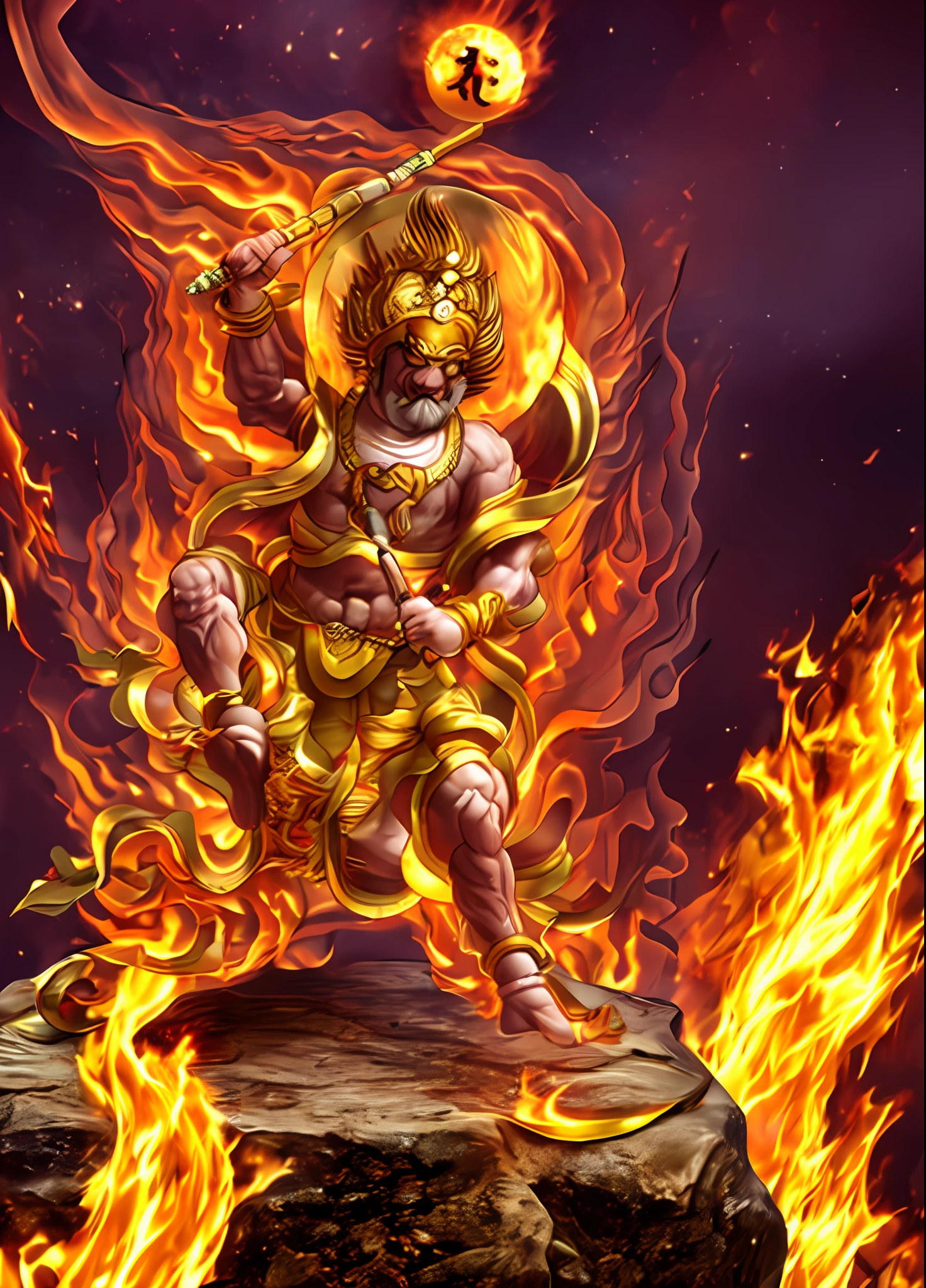 Tall and angry, Hercules King，Hold a single-stranded pestle，The body is huge，Hair stands on end，The whole body is on fire，One foot on a rock，In addition to the characters, The picture is all fire，Flames fill the picture，The fire burst into the sky，extreme detailed details，（tmasterpiece）， best qualtiy， 超高分辨率， closeup cleavage， Colorful firelight， photon maping， Radio City， physically-based renderingt， cinmatic lighting， 复杂， high detal， Sharp focus， dramatics， Photorealsitic