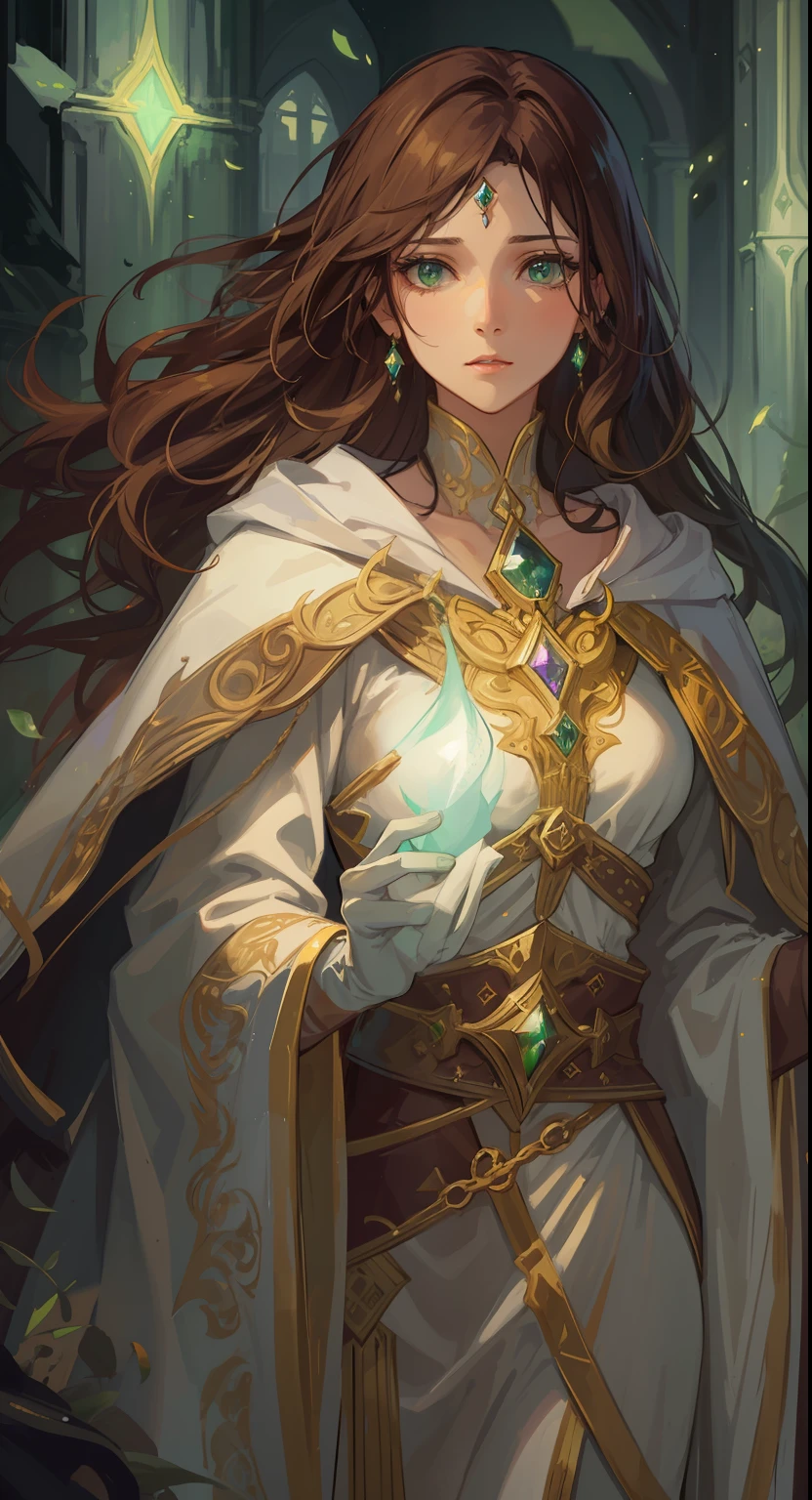 A beautiful woman with green eyes and brown hair she is a sorceress wearing noble white and gold robes A princess of magic and a sad look of dramatic concern Expressive Green Lights and Elemental Magic Elements of Nature Grandeur A background full of magic An art for an RPG A medieval art for RPG