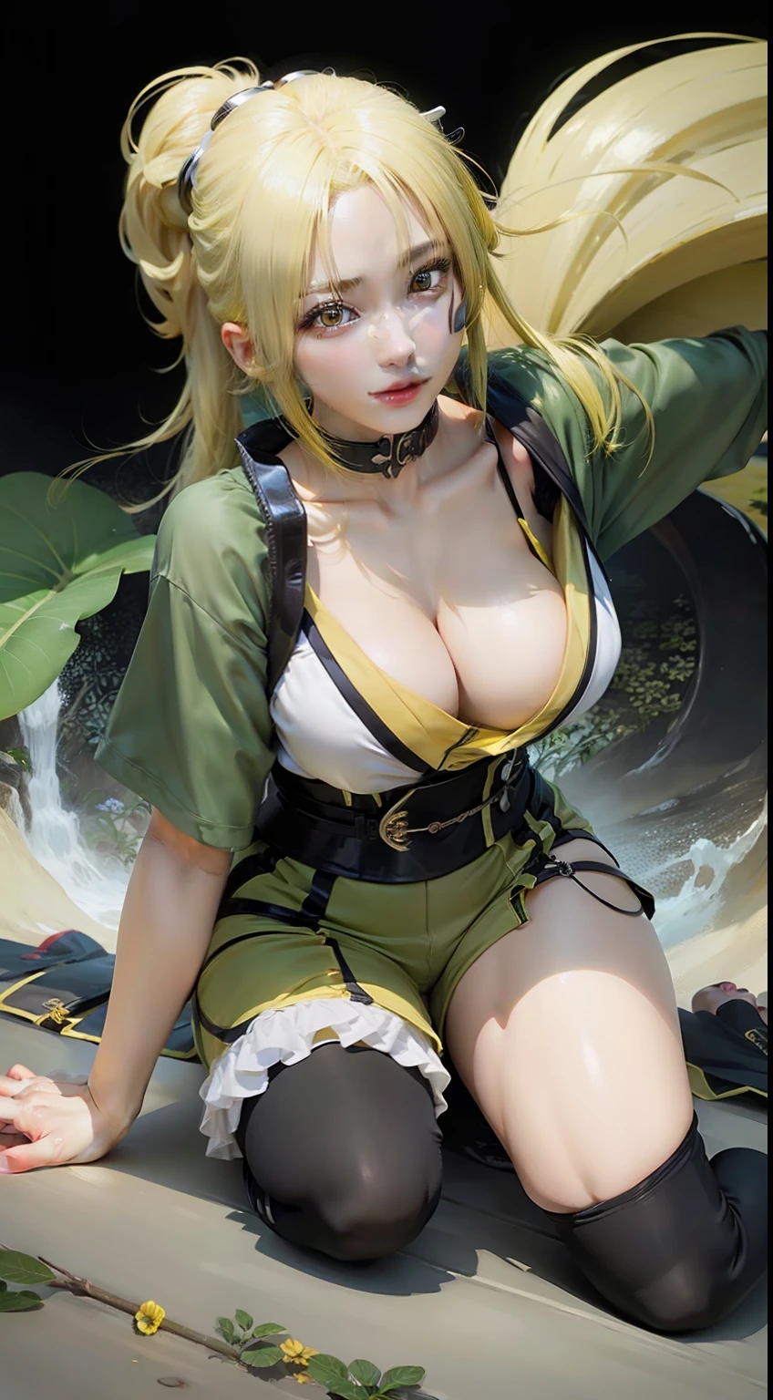 1girl, tsunade, yellow hair, yellow eyes, clothes green, realistic, ultra detail