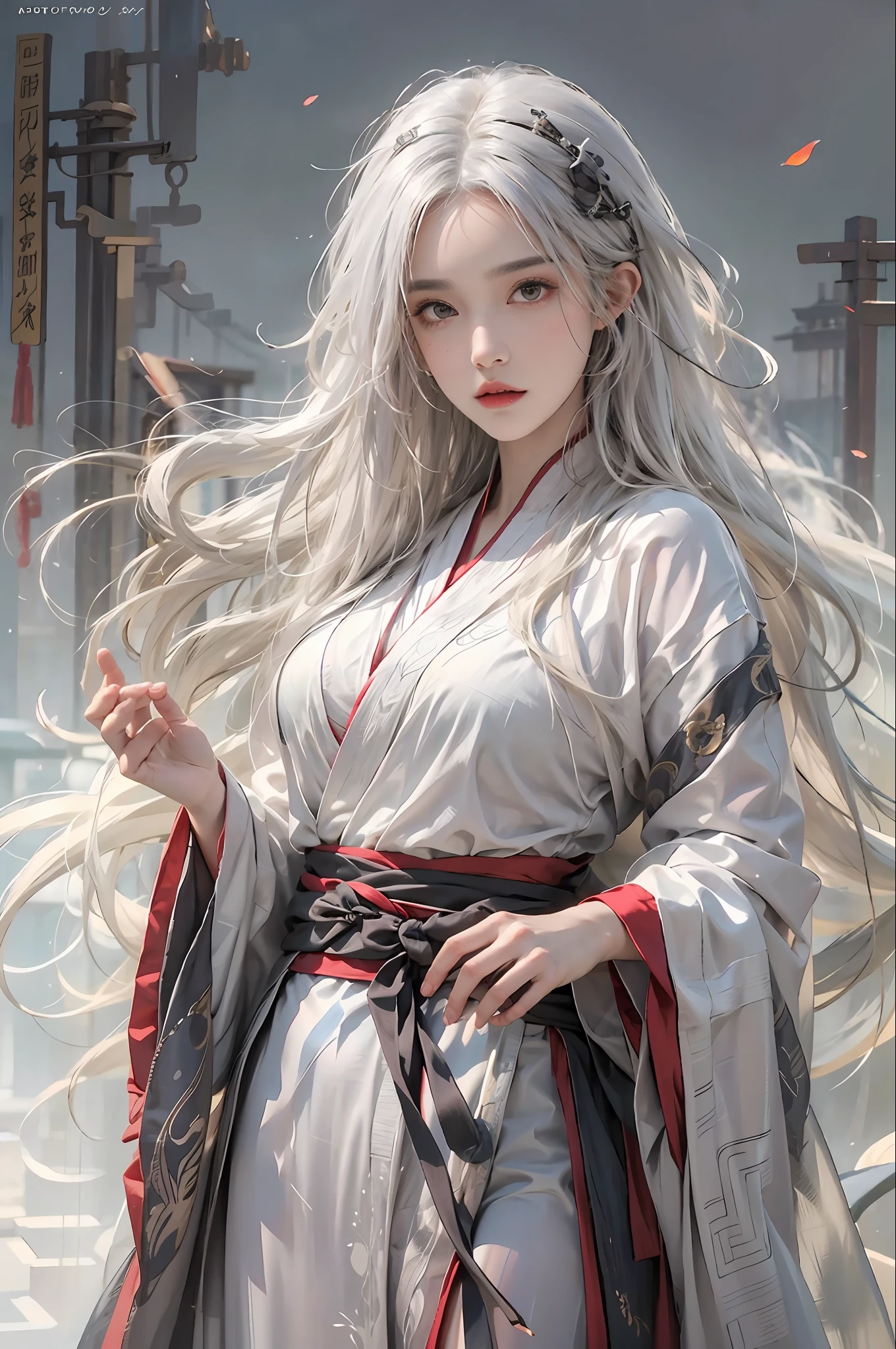 photorealistic, high resolution, 1women, solo, hips up, look at viewer, (detailed face), white hair, long hair, Taoist robe,oversized clothes, midjourney portrait