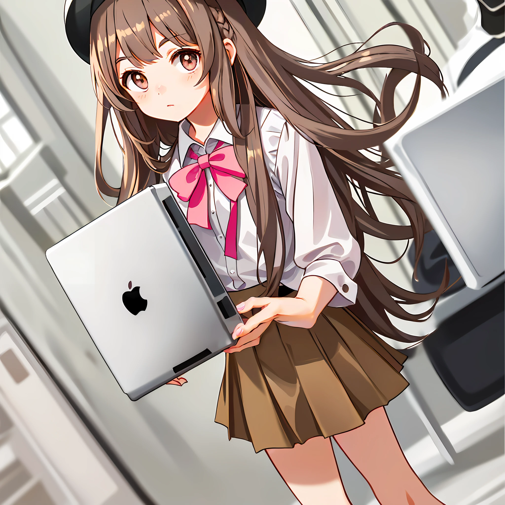 Brown long hair anime girl, Kantai collection style, Beautiful Anime High School Girls, girls frontline style, Digital anime illustration, anime visual of a cute girl, Smooth anime CG art, digital manga art, anime moe art style, Fine details. Girl Front, with apple, Girls Frontline CG, Surrealism female students, Marin Kitagawa fanart