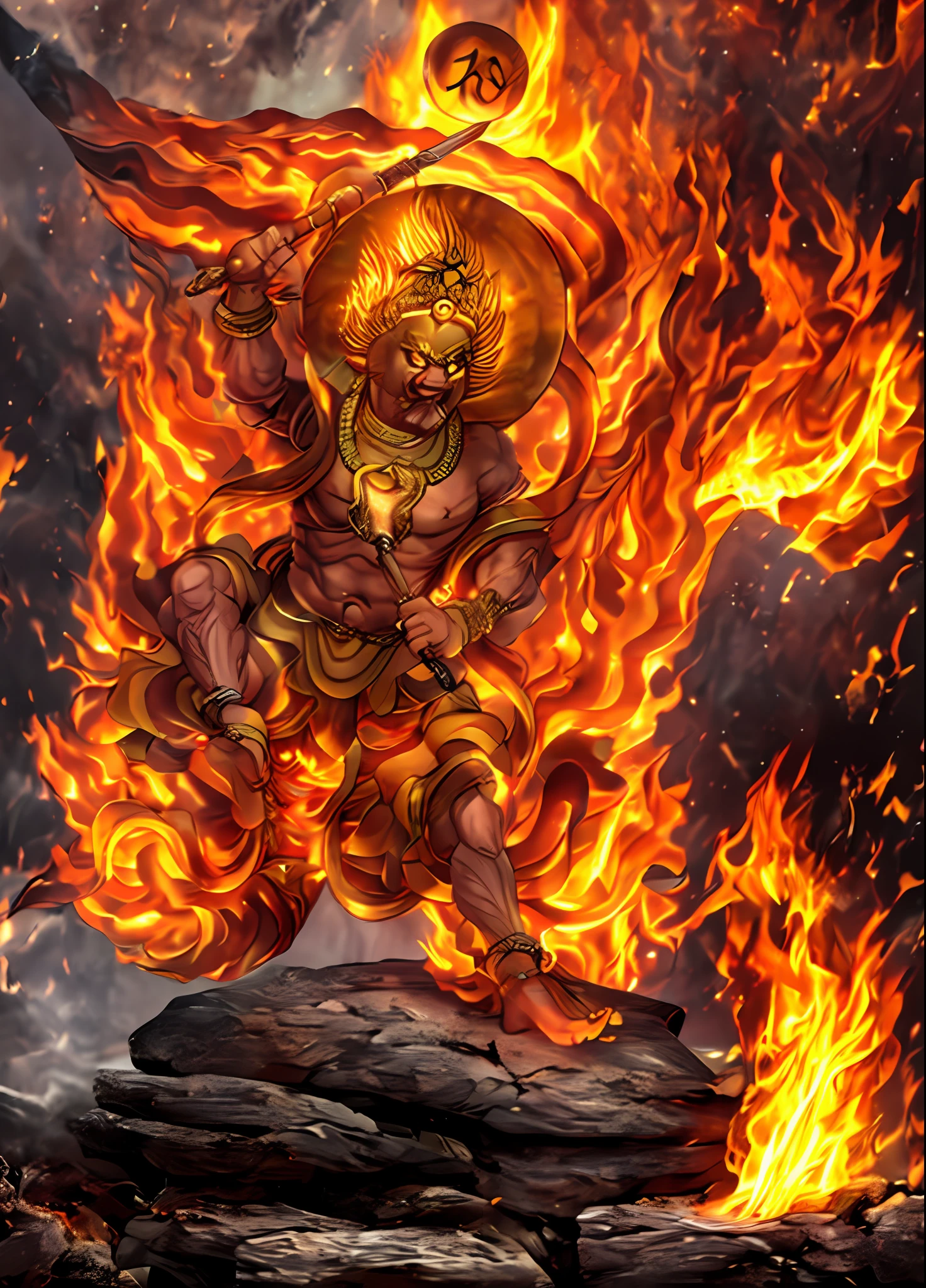 Tall and angry, Hercules King，Hold a single-stranded pestle，The body is huge，Hair stands on end，The whole body is on fire，One foot on a rock，In addition to the characters, The picture is all fire，Flames fill the picture，The fire burst into the sky，extreme detailed details，（tmasterpiece）， best qualtiy， 超高分辨率， closeup cleavage， Colorful firelight， photon maping， Radio City， physically-based renderingt， cinmatic lighting， 复杂， high detal， Sharp focus， dramatics， Photorealsitic