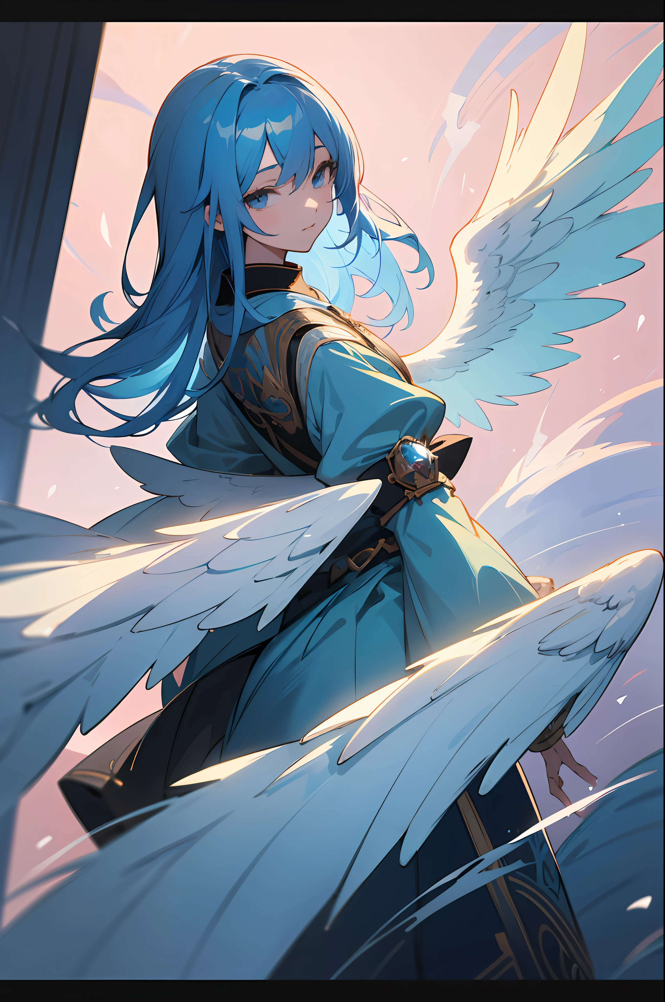 a painting of a woman with blue hair and angel wings, a detailed painting by Yuumei, pixiv contest winner, fantasy art, beautiful anime artwork, detailed anime art, beautiful anime art, detailed digital anime art, detailed key anime art, trending on artstation pixiv, beautiful fantasy anime, detailed anime artwork, clean detailed anime art, digital art on pixiv