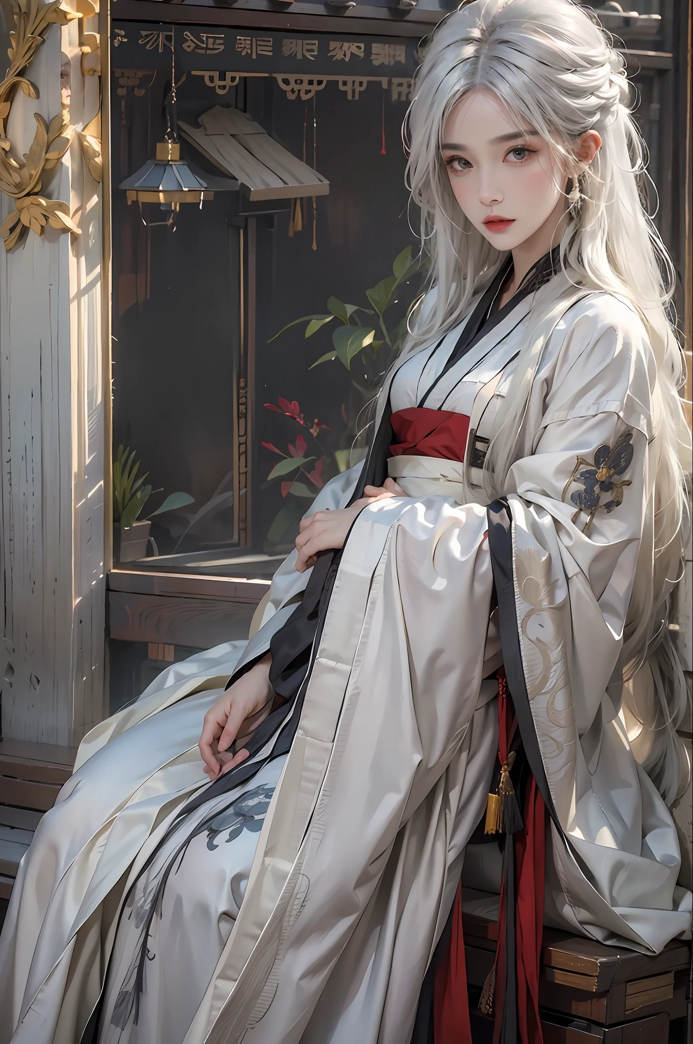 photorealistic, high resolution, 1women, solo, hips up, look at viewer, (detailed face), white hair, long hair, Taoist robe,oversized clothes, midjourney portrait