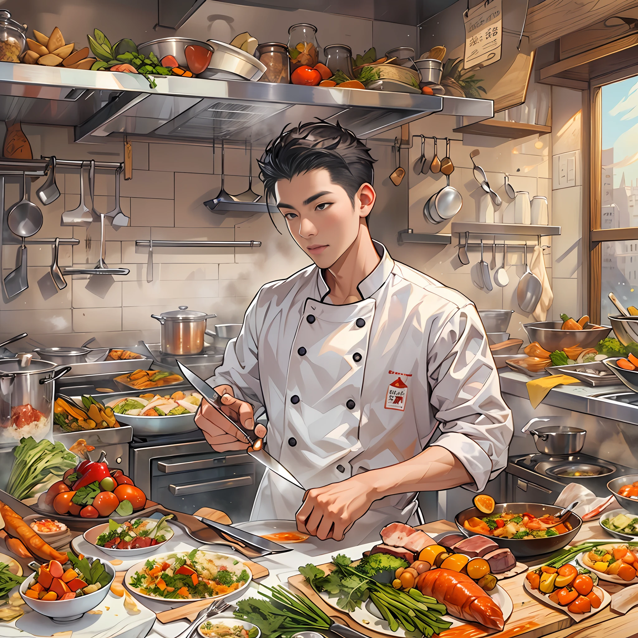 A young chef standing in a spacious and bright kitchen, focused on preparing ingredients, cutting various vegetables and meats with a sharp knife in a fast and skillful manner, vibrant atmosphere and aroma of delicious food in the kitchen ,in the style of the stars art group xing xing, 32k, best quality, masterpiece, super detail, high details