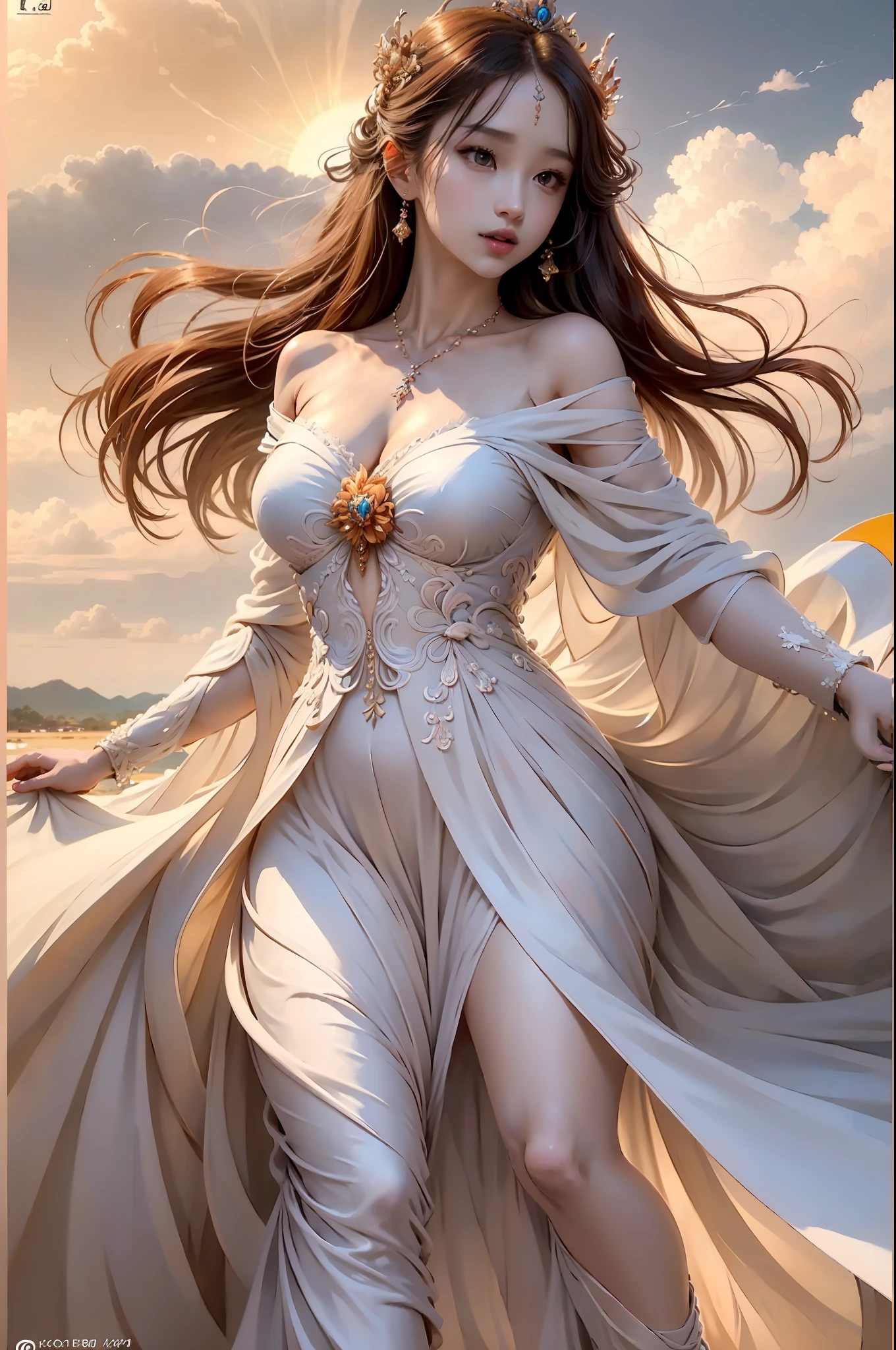(8k, RAW photo, photorealistic:1.25) ,( lip gloss, eyelashes, glossy side, shiny skin, best quality, super high resolution, depth of field, chromatic aberration, caustics, special light, natural shadow, crown, kpop idol), light pink and sky blue style, (real: 1.2), 1girl, (orange sky: 1.5), tall and thin beauty goddess, flowing dress, conservative girl, cloud goddess, flowing white fabric, Wearing a flowing dress, (blue sky and white clouds in the background: 1.4), (wind: 1.5), (full body: 1.5), nhjy, a white dress with a peacock on it