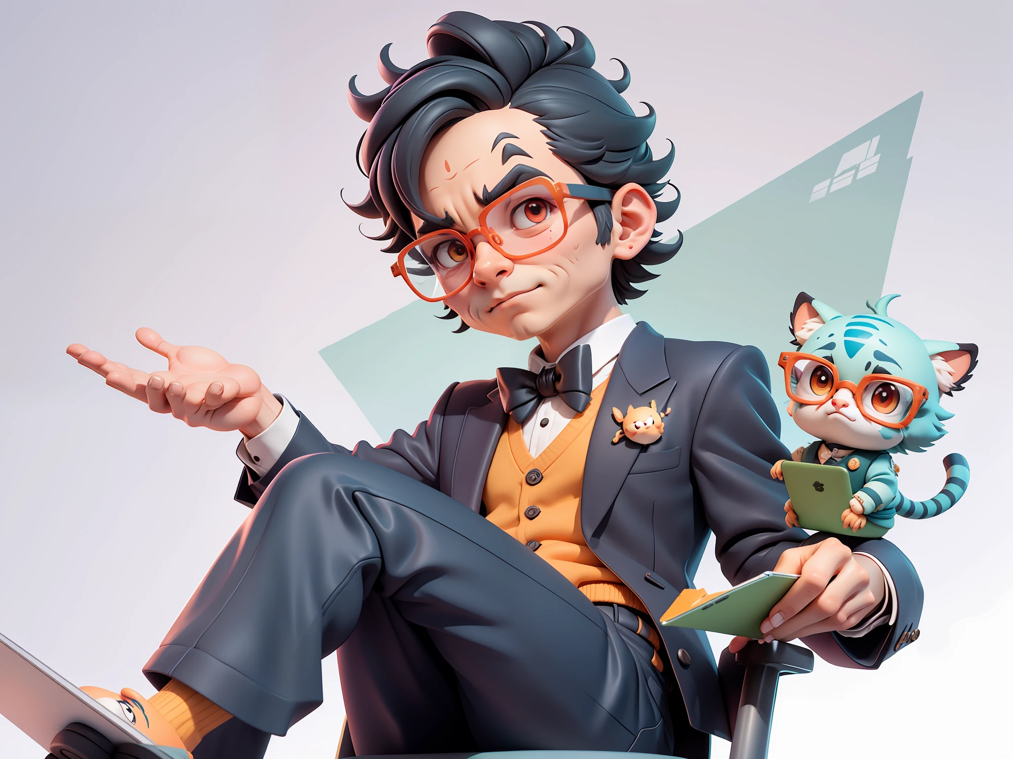 A young man in formal clothes，Short hair and glasses，Sitting at your desk，holding laptop，digitial painting，cartoonish style，4K HD illustration，Very detailed facial features，tigre，Mark Clairdon，by Pixar，3D character design：Hayao Miyazaki and Akira Toriyama, Cartoon-style visuals。