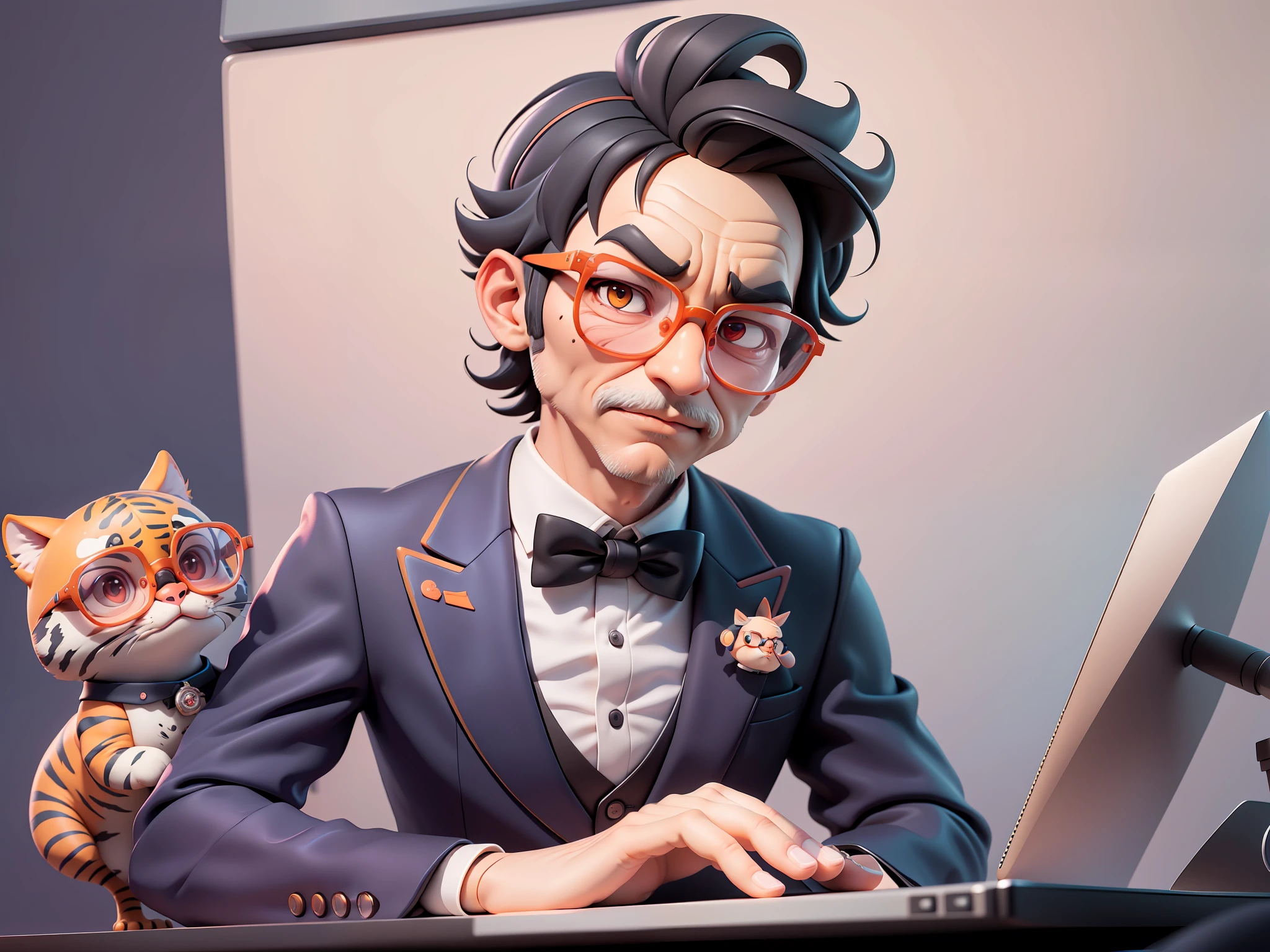 A young man in formal clothes，Short hair and glasses，Sitting at your desk，holding laptop，digitial painting，cartoonish style，4K HD illustration，Very detailed facial features，tigre，Mark Clairdon，by Pixar，3D character design：Hayao Miyazaki and Akira Toriyama, Cartoon-style visuals。