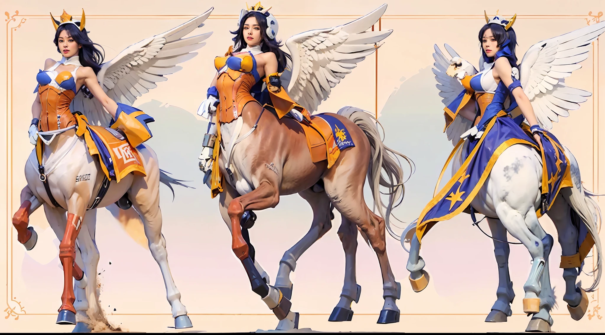 A female centaur，She is famous in the multiverse，She is both a female centaur, half human, half horse, half horse，It is also a female Yingzhao，Her image blends，The head, neck and shoulders of the horse are transformed into beautiful female humans, females, half-centaurs, half-horses, half-humans, half-humans, and human human upper bodies，and a chimera of a female half-horse with a beauty in the female body of the horse's belly，It's like a female human wearing a half-horse-like costume and making a seamless chimera，This chimerization is based on powerful futuristic technology。The ultra-wide-angle lens captures the image of her sleek and ethereal wings charging and leaping on the ionosphere。Her front half is a tall, sexy body with obvious feminine characteristics，Has K cup teardrop-shaped giant tit chest，Small man-waisted butterflies span long legs，The half-horse of the back half of the body is embedded in the front half of the body at the hip position，The horse-shaped half-horse torso form of the back half of the body is completely female and humanized，From the upper end of the sternum, the sexy bent dog style shape of the chest cavity embedded in the lower back position of the beauty body is placed transversely，Then there are the sexy beauty's horizontal waist and abdomen and straight hips，Her entire body has been completely feminized，Includes the half-horse part of the hind body，Mechanized armor covers the knee-shaped anti-joints and feet，And these parts are highly anthropomorphic，This gives her legs a graceful and slender line，She has four slender legs like a supermodel，Under the legs are skinny white feet dressed in Skyscraper Heels，Use Midjourney's advanced stroke tools and color palettes, as well as texture packs, model packs, and texture tools，Concentration，Femaleize all parts of her original equine physiologic appearance，And give these parts an ergonomic appearance，Finely treat the details of tight connections on the structure of the chest, abdominal cavity a