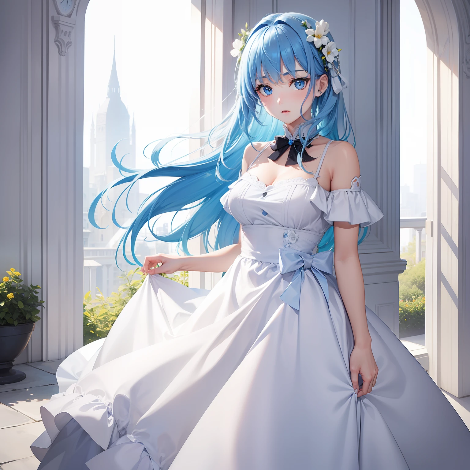 a women, blue hair, blue eyes, white dress