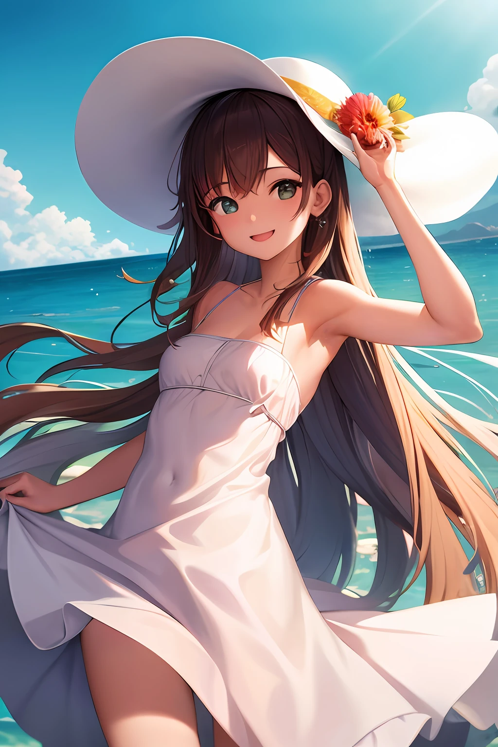 absurdres, 1girl, ocean, railing, white dress, sun hat, smile, (realistic:0.75), (waving:0.9),