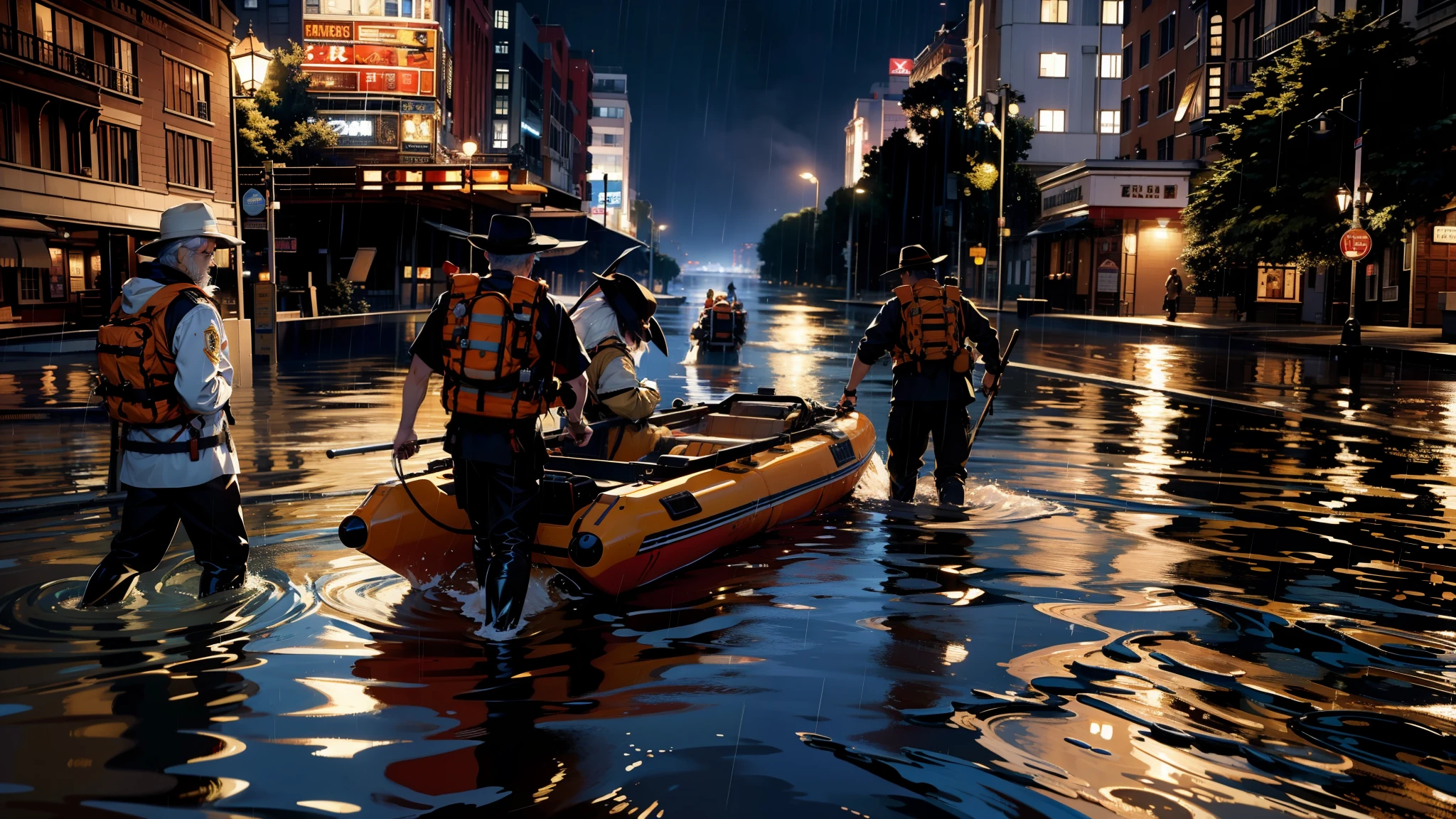 (Best quality),(Masterpiece),High details,extremely_Detailed_CG_Unity_8K_the wallpaper,Cinematic lighting:0.9, amazing shadows, Caravaggio-style shadows, ((Amazing perspective:1.2)), ,heavy rain poured,The rain fell,raining day,overcast day,Rain drops,Several men in life jackets carried lifeboats,There was an old man on the lifeboat,They walked through flooded streets, flooded city,