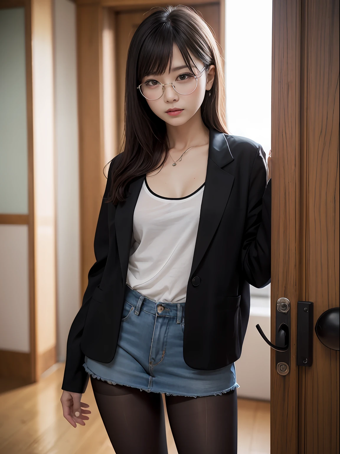 （8K、Raw photography、top-quality、​masterpiece：1.2),Black jacke,Black skirt,OL,Suits,Black pantyhose,absurderes,a small face,small tits,flat breast,Parting the bangs from the middle、Forehead visible,(Tight eyes,Bullish,skinny,Rasping,irate)、​masterpiece,top-quality、超A high resolution,Raw photo,ren,Beautiful fece,One Person, 独奏,eye glass,,Dark look,Small breasts,fullllbody,Round glasses、cute little、A Japanese Lady,is standing,(Tight eyes,Bullish,skinny,Rasping,irate,small tits,flat breast)、（Photorealsitic：1.37）、Photon mapping,Realistic、Cute little face,Brown-eyed、Black socks,Radio City、Physically Based Rendering、Foreground、depth of fields、Blurry background、a picture,The girls、Body, Long legs, Thin leg,poneyTail,(Bangs are visible), hair,nosesoft, Knees are visible,Sheer clothing,, Thigh, Black cotton socks,Nogizaka Idol, 女優, Japanese ido