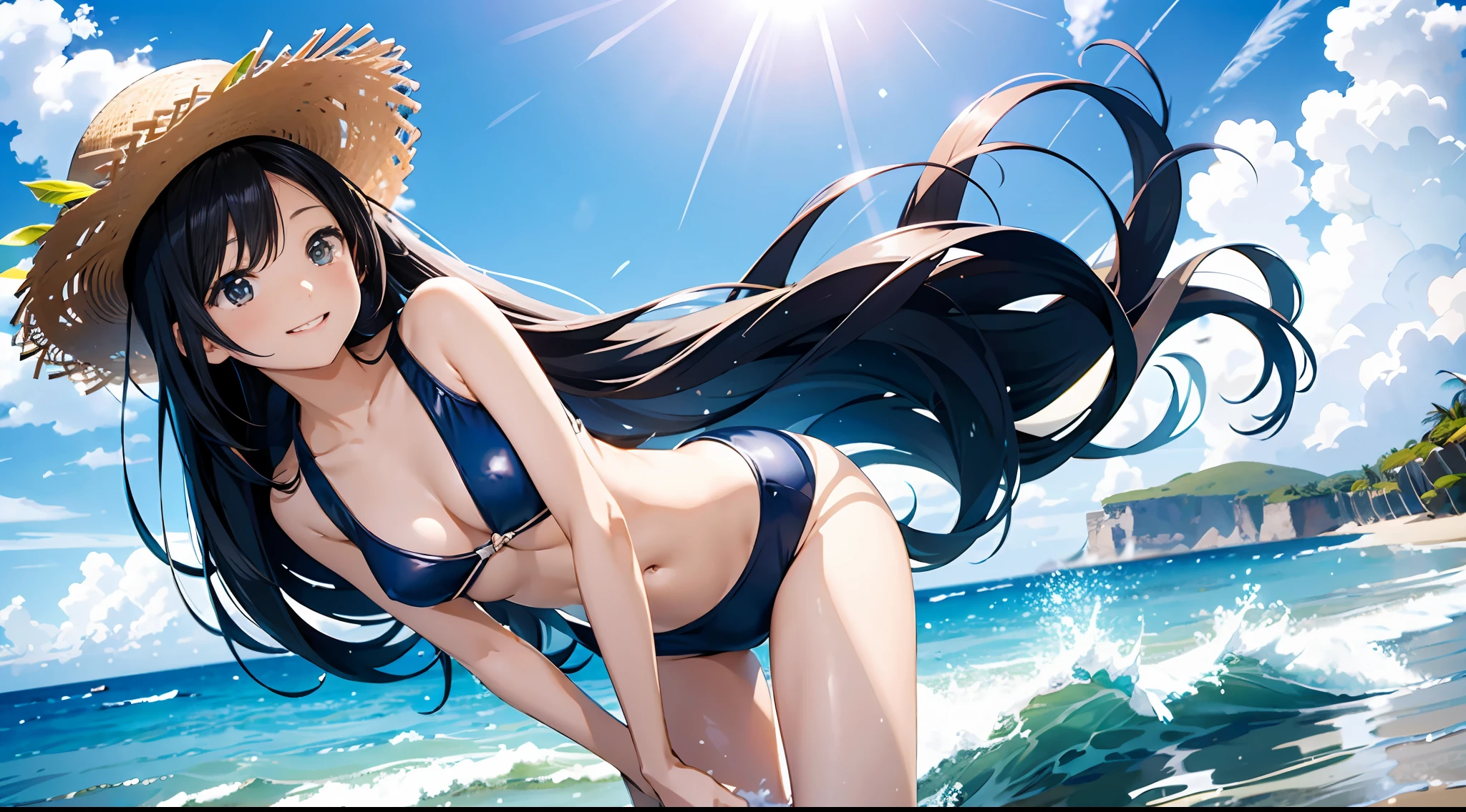 （​masterpiece、top-quality）perfect anime illustration、shores（beach）1 girl standing in、Very cute face、A big smile、shiny and long black hair、crystal clear white skin、Both feet are barefoot、Wearing a swimsuit with a lot of exposed skin、Straw hat on the head、He holds a drink in one hand and holds it out to us.、The sun is dazzling、The place is on the edge of the waves by the seaside where you can swim、The time is noon、A refreshing breeze is blowing、There are other sparse people、So that the whole body goes into the illustration