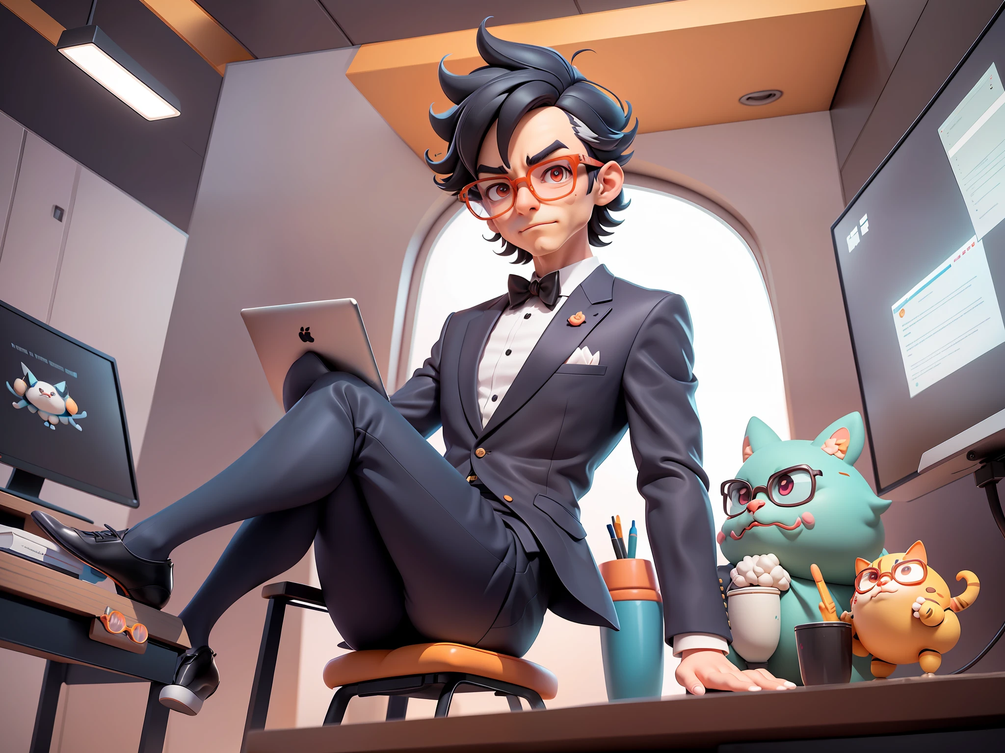 A young man in formal clothes，Short hair and glasses，Sitting at your desk，holding laptop，digitial painting，cartoonish style，4K HD illustration，Very detailed facial features，tigre，Mark Clairdon，by Pixar，3D character design：Hayao Miyazaki and Akira Toriyama, Cartoon-style visuals。