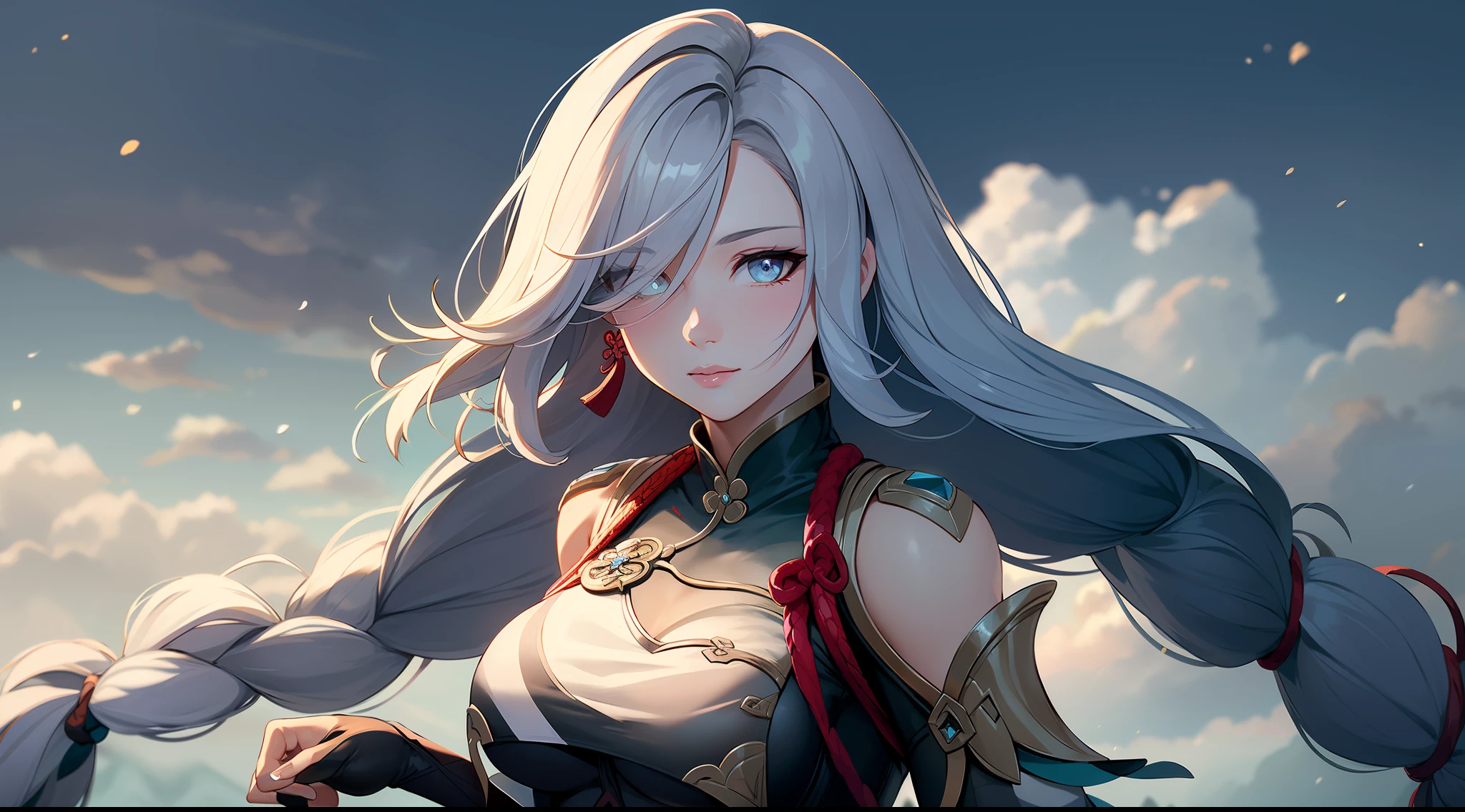 shenhedef, upper body, seductive look, blush, outdoors, snowflake scenery, looking at viewer, cloudy, moody lighting, (perfect detail eyes:1.2), glowing eyes, (long hair one braid:1.2), elemental skill effect, (Masterpiece, Best Quality, High Quality:1.4), professional artwork, Intricate Details, field of view, sharp focus, detailed painting, photorealistic lighting, trending on pixiv, (vivid lighting, vibrant colors:1.05), realistic shadows, ambient occlusion, (athletic body:1.3), mature woman, 30yo,