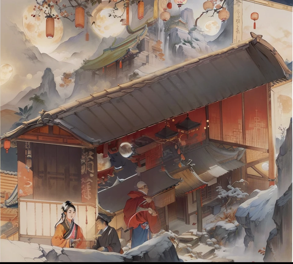 Ancient Chinese landscapes，Ancient buildings，Pavilions，Carved beams and paintings，enchanting scenery，Night，Moon light，Layered, Rich light and shadow,Mid-Autumn Festival, Ink painting style，clean color，Low-saturation colors，Colors of low brightness，Decisive cut，Leave white space，impressionistic，tmasterpiece，ultra - detailed，Epic composition,  HighestQuali，hyper realisitc，Art germ --v 6