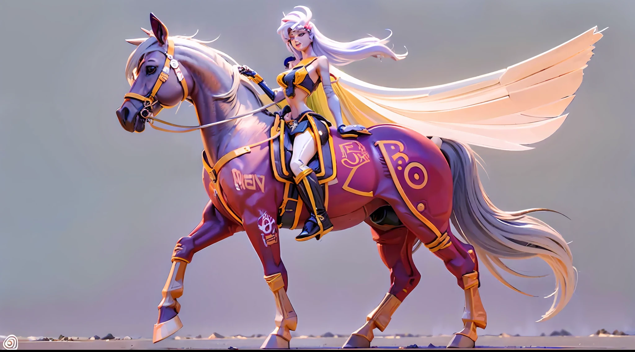 A female centaur,She is famous in the multiverse,She is both a female centaur, half human, half horse, half horse,It is also a female Yingzhao,Her image blends,The head, neck and shoulders of the horse are transformed into beautiful female humans, females, half-centaurs, half-horses, half-humans, half-humans, and human human upper bodies,and a chimera of a female half-horse with a beauty in the female body of the horse's belly,It's like a female human wearing a half-horse-like costume and making a seamless chimera,This chimerization is based on powerful futuristic technology。The ultra-wide-angle lens captures the image of her sleek and ethereal wings charging and leaping on the ionosphere。Her front half is a tall, sexy body with obvious feminine characteristics,Has K cup teardrop-shaped giant tit chest,Small man-waisted butterflies span long legs,The half-horse of the back half of the body is embedded in the front half of the body at the hip position,The horse-shaped half-horse torso form of the back half of the body is completely female and humanized,From the upper end of the sternum, the sexy bent dog style shape of the chest cavity embedded in the lower back position of the beauty body is placed transversely,Then there are the sexy beauty's horizontal waist and abdomen and straight hips,Her entire body has been completely feminized,Includes the half-horse part of the hind body,Mechanized armor covers the knee-shaped anti-joints and feet,And these parts are highly anthropomorphic,This gives her legs a graceful and slender line,She has four slender legs like a supermodel,Under the legs are skinny white feet dressed in Skyscraper Heels,Use Midjourney's advanced stroke tools and color palettes, as well as texture packs, model packs, and texture tools,Concentration,Femaleize all parts of her original equine physiologic appearance,And give these parts an ergonomic appearance,Finely treat the details of tight connections on the structure of the chest, abdominal cavity a