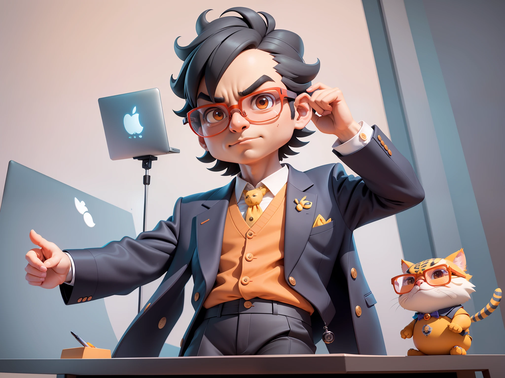 A young man in formal clothes,Short hair and glasses,Sitting at your desk,holding laptop,digitial painting,cartoonish style,4K HD illustration,Very detailed facial features,tigre,Mark Clairdon,by Pixar,3D character design:Hayao Miyazaki and Akira Toriyama, Cartoon-style visuals。