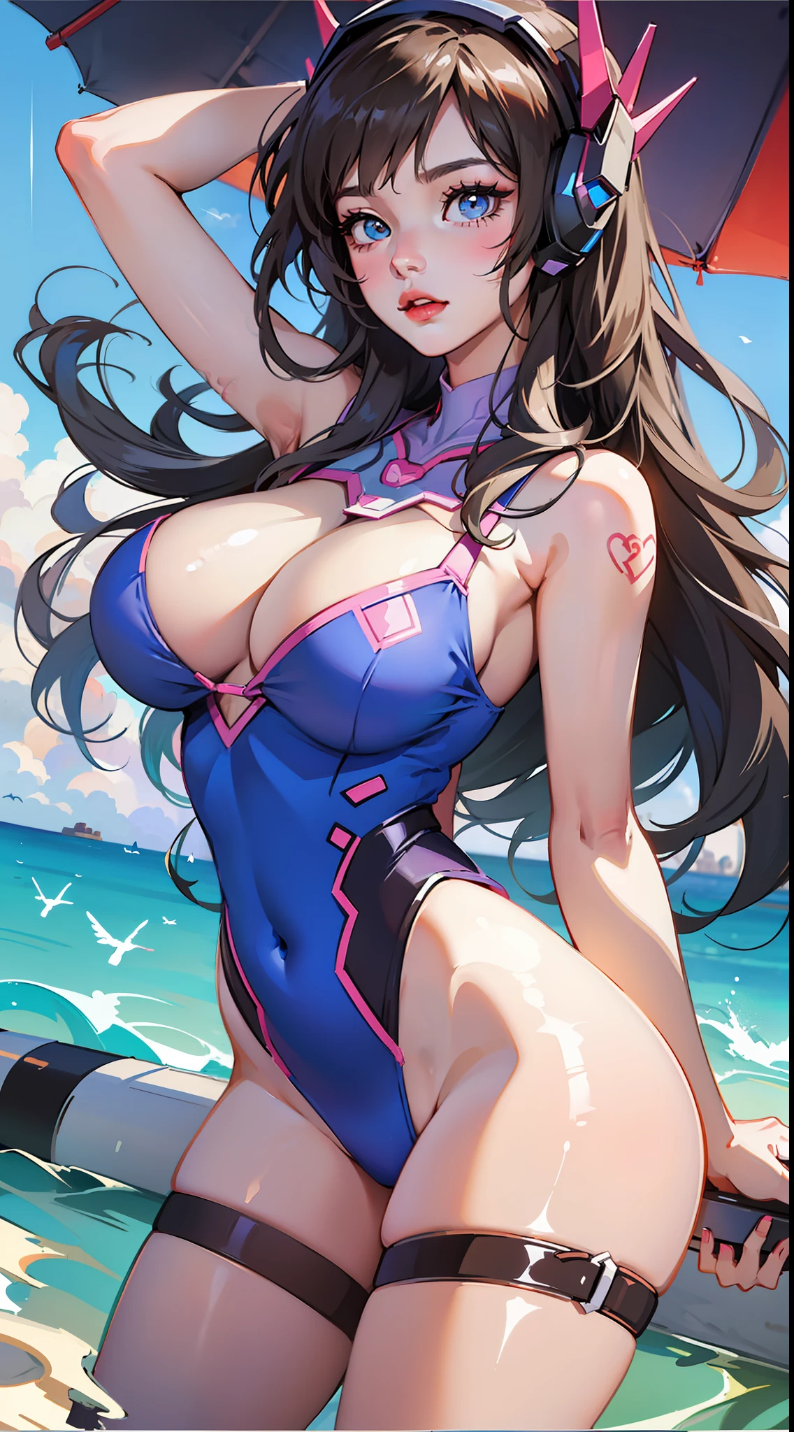 tmasterpiece,best qualtiy,8K,k hd,1girll,Human maiden,commiseration
d.va(Overwatch),12year old,Young,Chu Chu pitiful, gigantic cleavage breasts:1.3,Eyes sparkle,(glowing light eyes:1.233),比基尼,Raised sexy,did not wear underwear,(beautiful and detailed eye:1.1),Blushlush,beautiful beaches,swell sea,with blue sky and white clouds,Side view,Dynamic pose,upper legs,(((cowboy lens)))