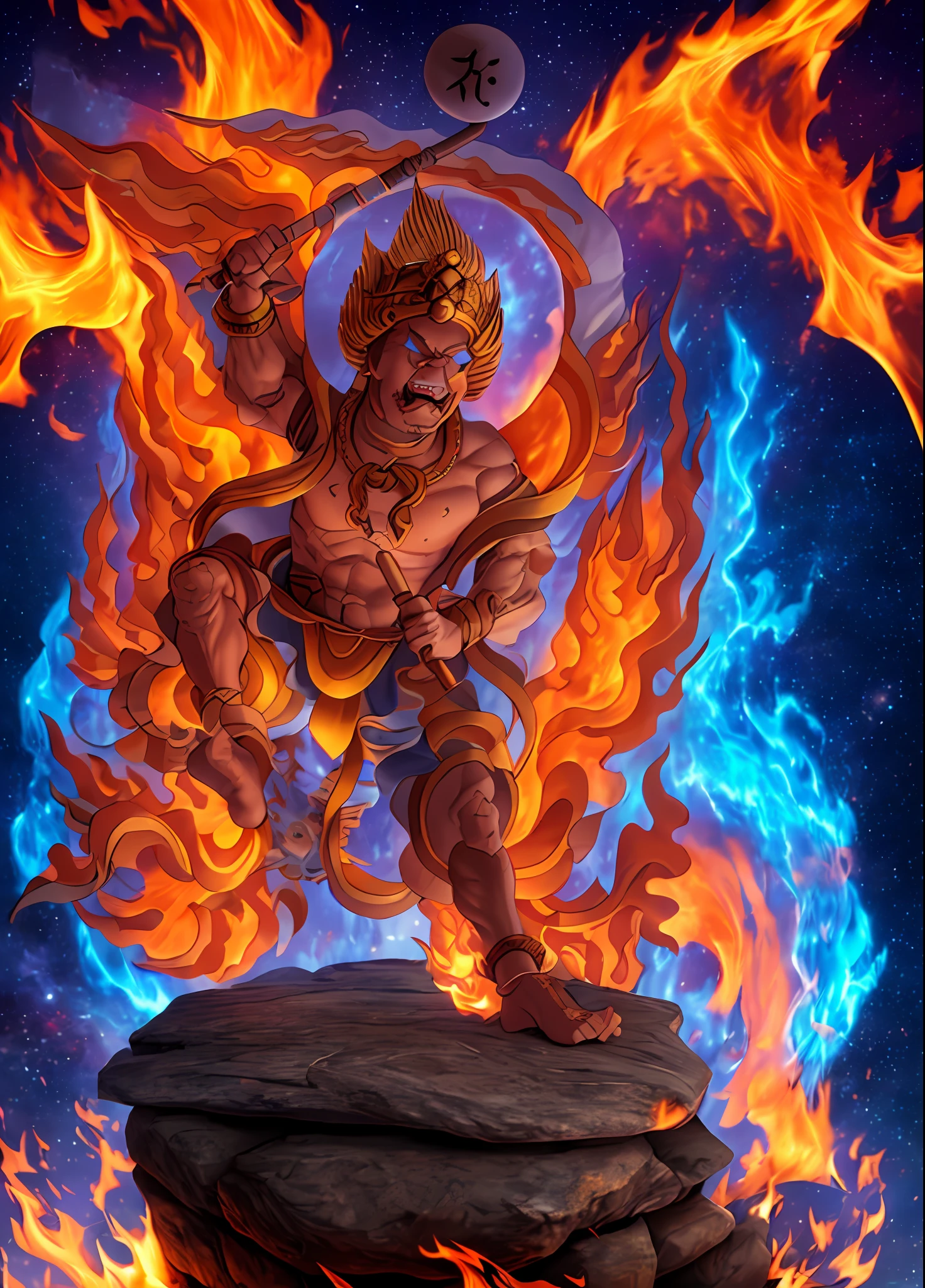 Tall and angry, Hercules King,Hold the single-stranded pestle,The body is huge,Hair stands on end,The whole body is on fire,One foot on a rock,In addition to the role, The picture is all fire,Flames fill the picture,The fire burst into the sky,extreme detailed details,(tmasterpiece), best qualtiy, 超高分辨率, closeup cleavage, Colorful firelight, photon maping, Radio City, physically-based renderingt, cinmatic lighting, 复杂, high detal, Sharp focus, dramatics, Photorealsitic